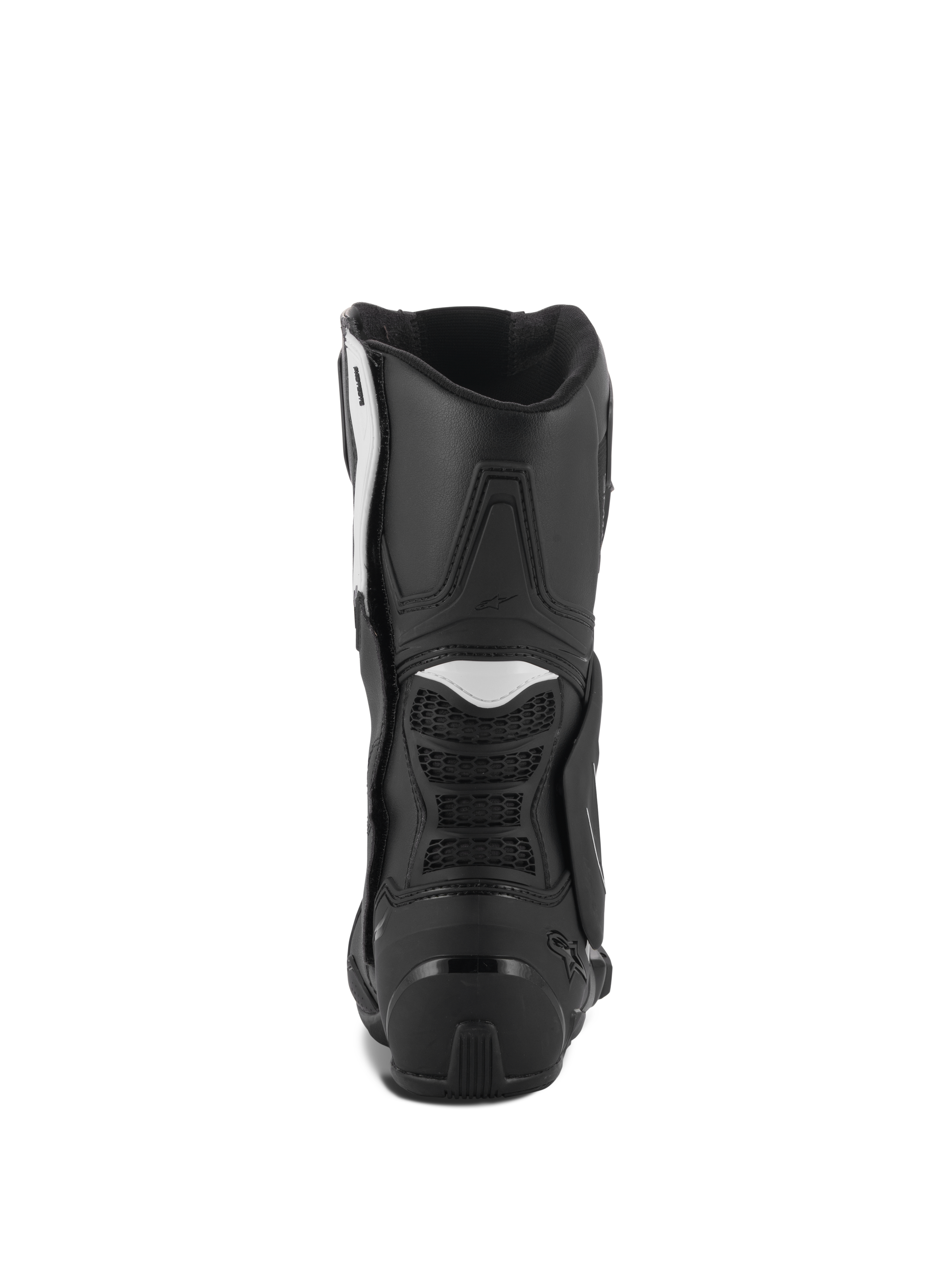 Alpinestars Stella SMX-6 V3 Stiefel, Damen-Motorradstiefel, Schwarz und Weiß, Rückansicht mit TPU-Fersenschale und flexiblen Akkordeon-Einsätzen, langlebiges Performance-Design