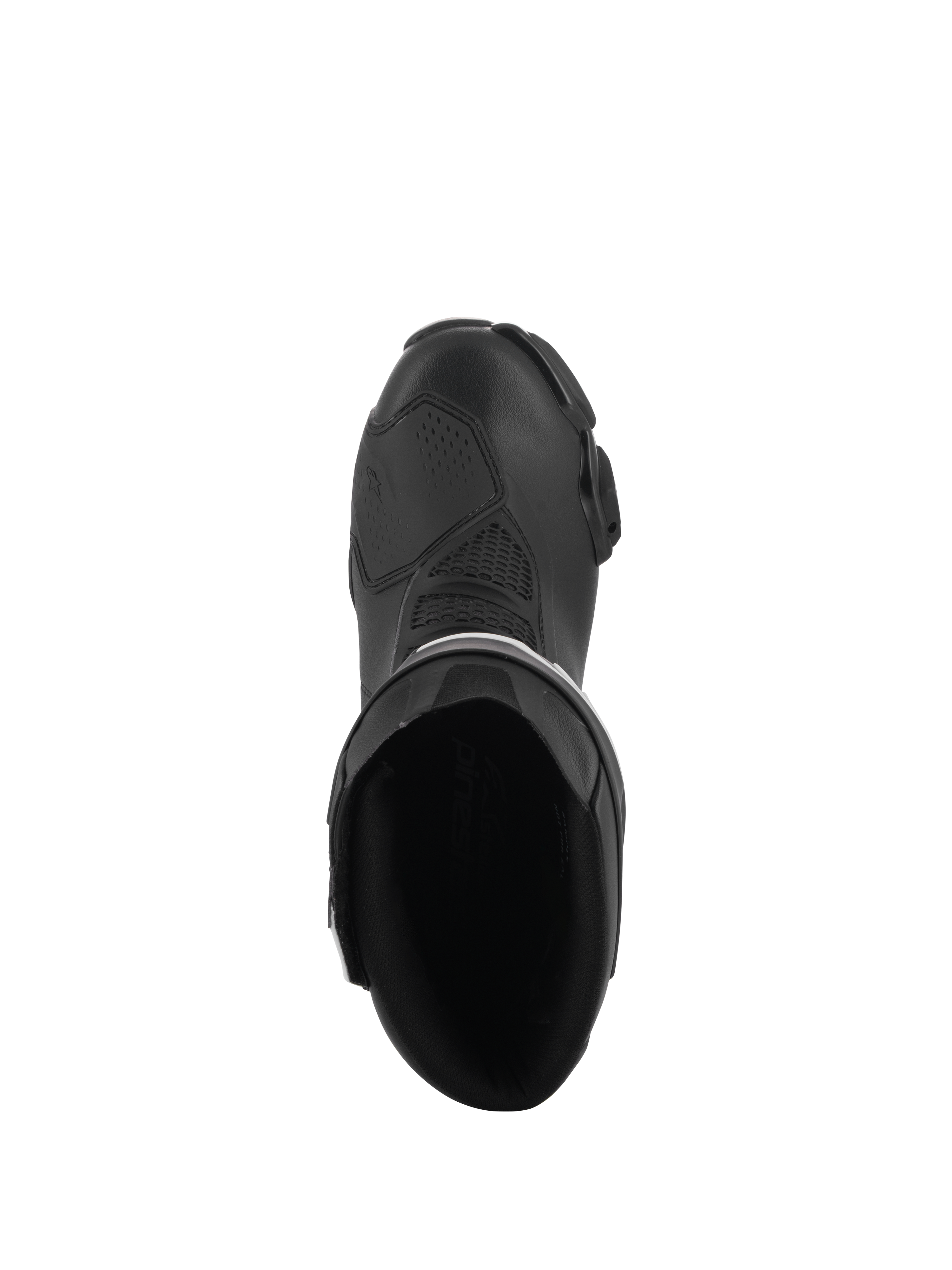 Alpinestars Stella SMX-6 V3 Stiefel, Performance-Motorradstiefel für Damen, Schwarz, Draufsicht mit Darstellung der inneren Öffnung, der verstärkten Schaltzone und des stromlinienförmigen ergonomischen Designs.