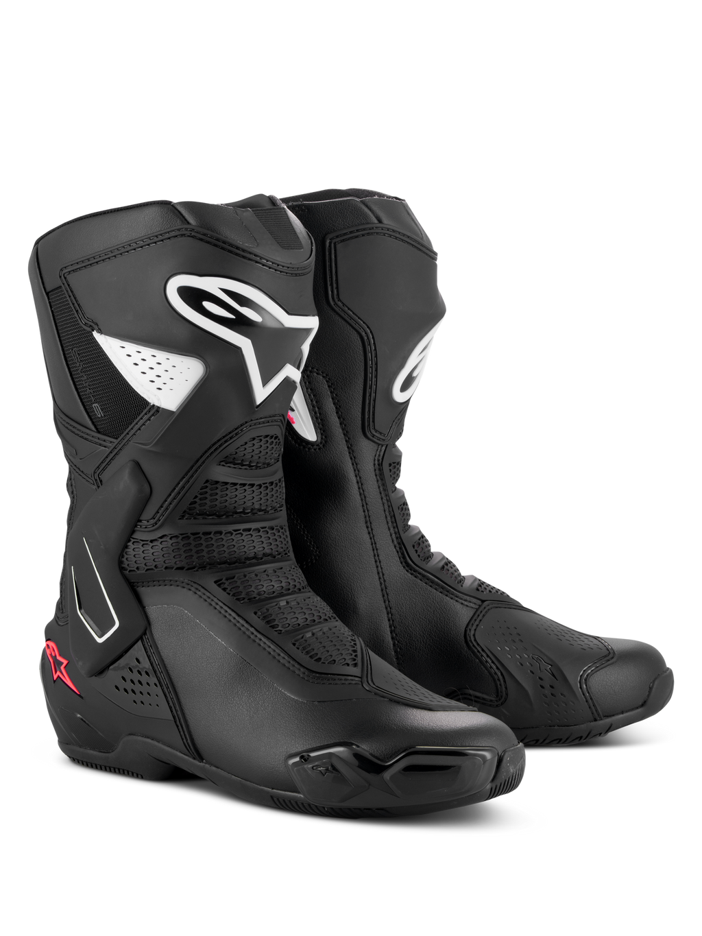 Bottes Alpinestars Stella SMX-6 V3, bottes de moto de performance pour femme, noir, blanc et rose diva, avec logos Alpinestars blancs et accents d'étoiles roses, construction profilée en microfibre avec protections en TPU pour la piste et la route