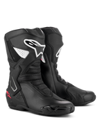 Bottes Alpinestars Stella SMX-6 V3, bottes de moto de performance pour femme, noir, blanc et rose diva, avec logos Alpinestars blancs et accents d'étoiles roses, construction profilée en microfibre avec protections en TPU pour la piste et la route