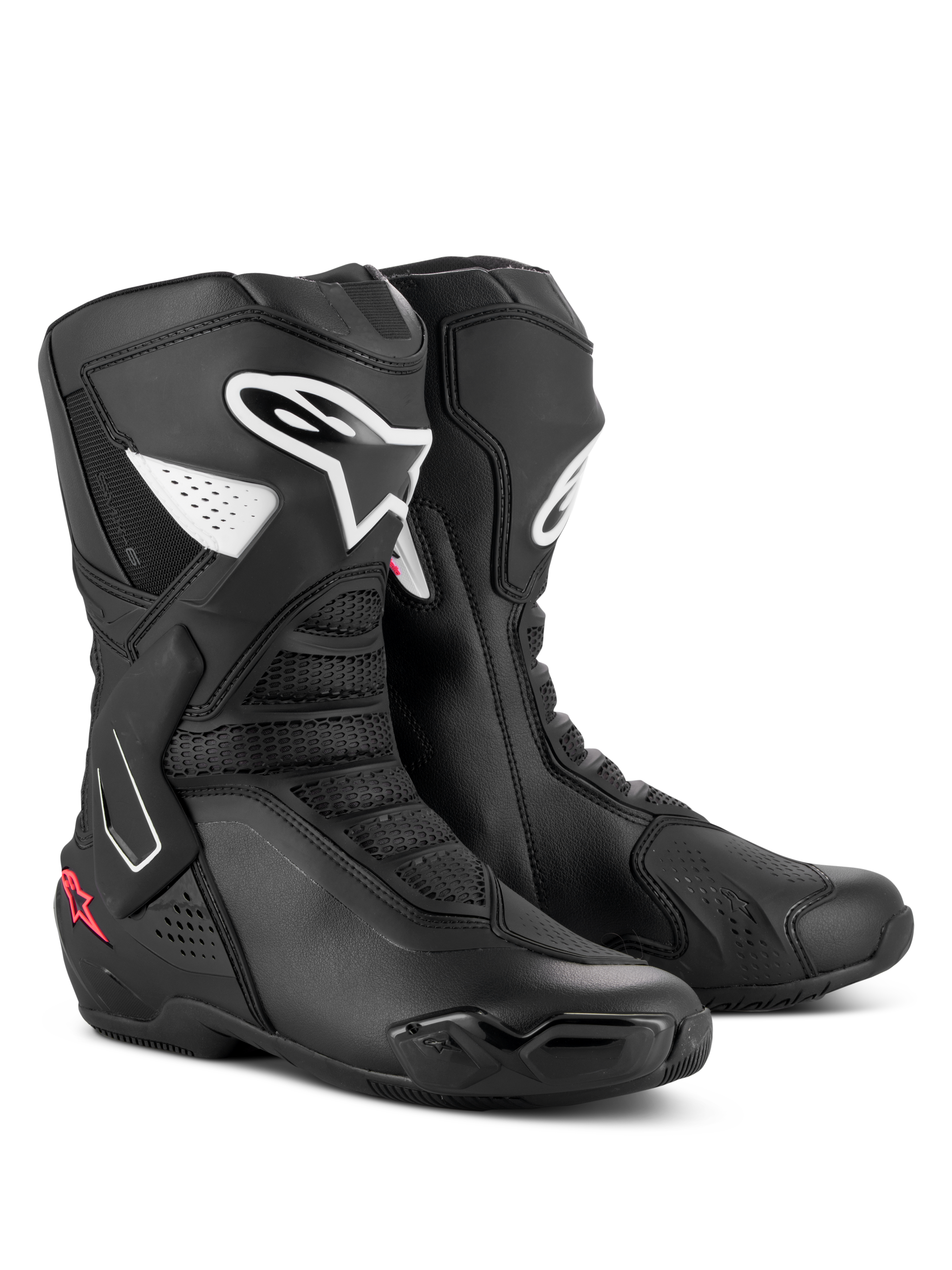 Bottes Alpinestars Stella SMX-6 V3, bottes de moto de performance pour femme, noir, blanc et rose diva, avec logos Alpinestars blancs et accents d'étoiles roses, construction profilée en microfibre avec protections en TPU pour la piste et la route