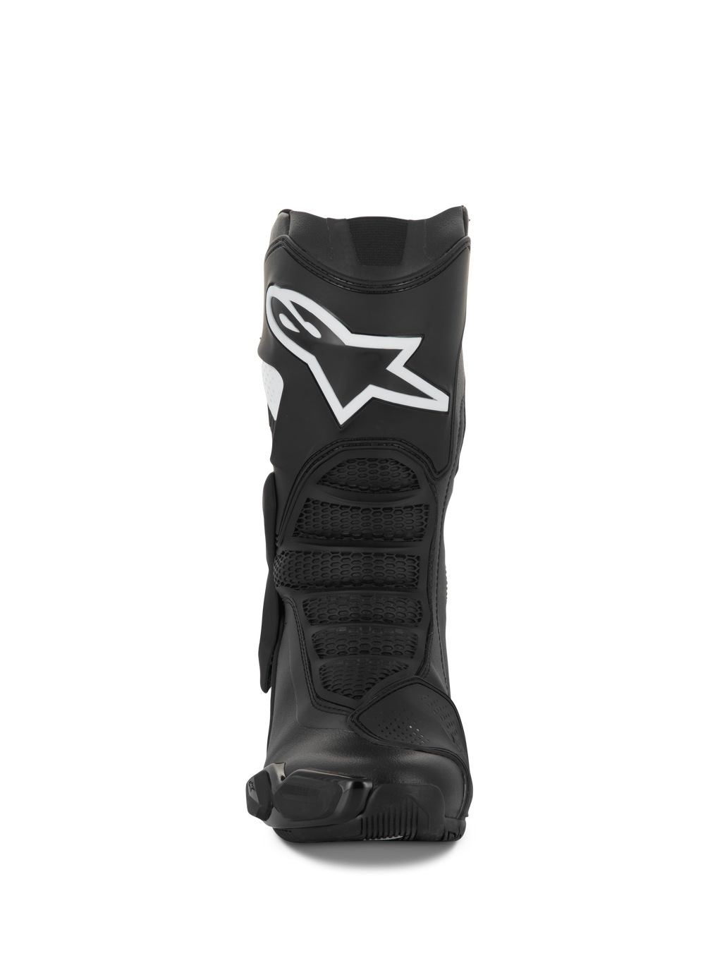Bottes Alpinestars Stella SMX-6 V3, bottes de moto pour femme, noir et blanc, vue frontale montrant le logo Alpinestars blanc sur le tibia, protection TPU et panneaux de flexion ergonomiques, conçues pour la performance sur piste et sur route
