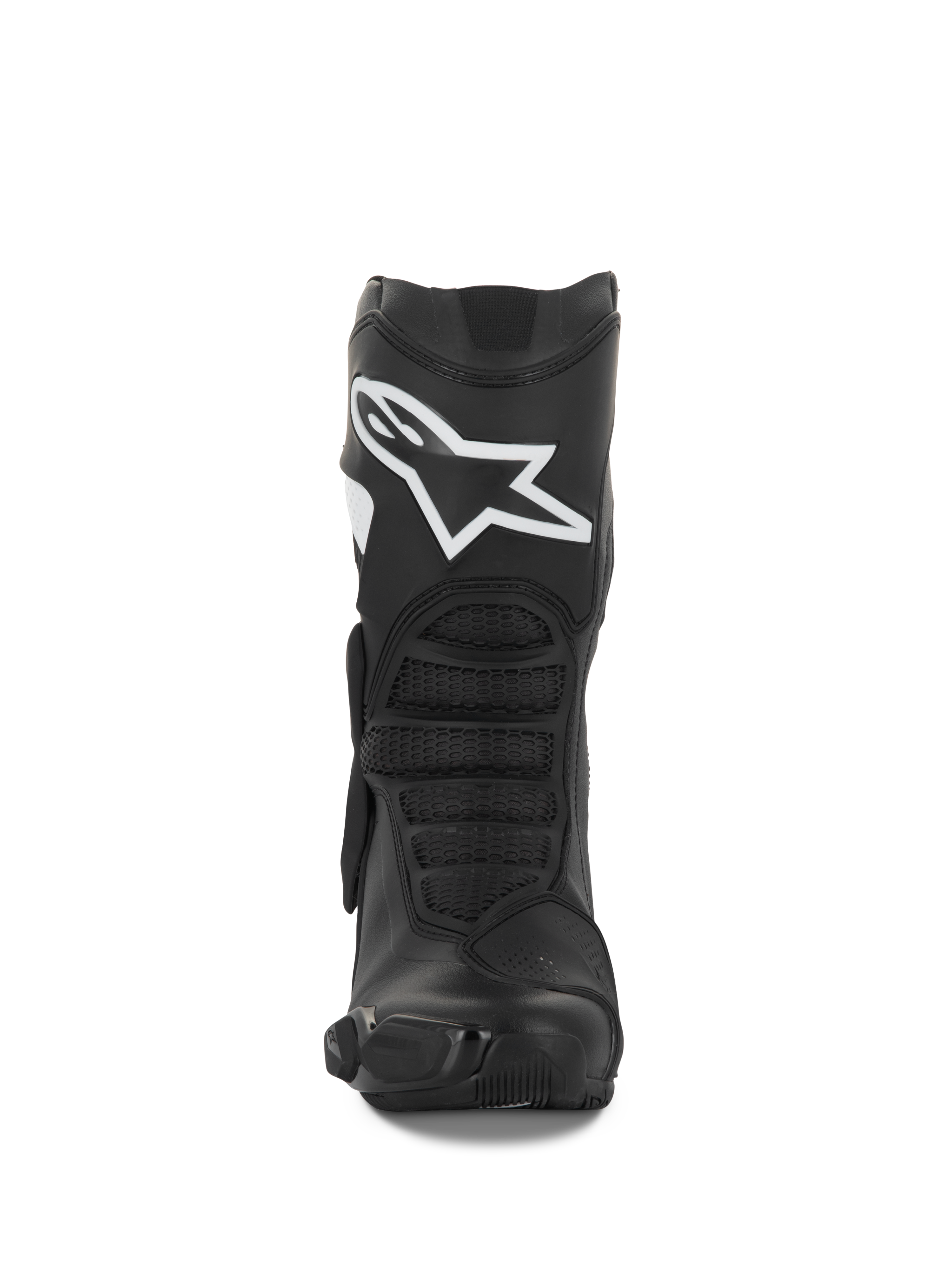Bottes Alpinestars Stella SMX-6 V3, bottes de moto pour femme, noir et blanc, vue frontale montrant le logo Alpinestars blanc sur le tibia, protection TPU et panneaux de flexion ergonomiques, conçues pour la performance sur piste et sur route