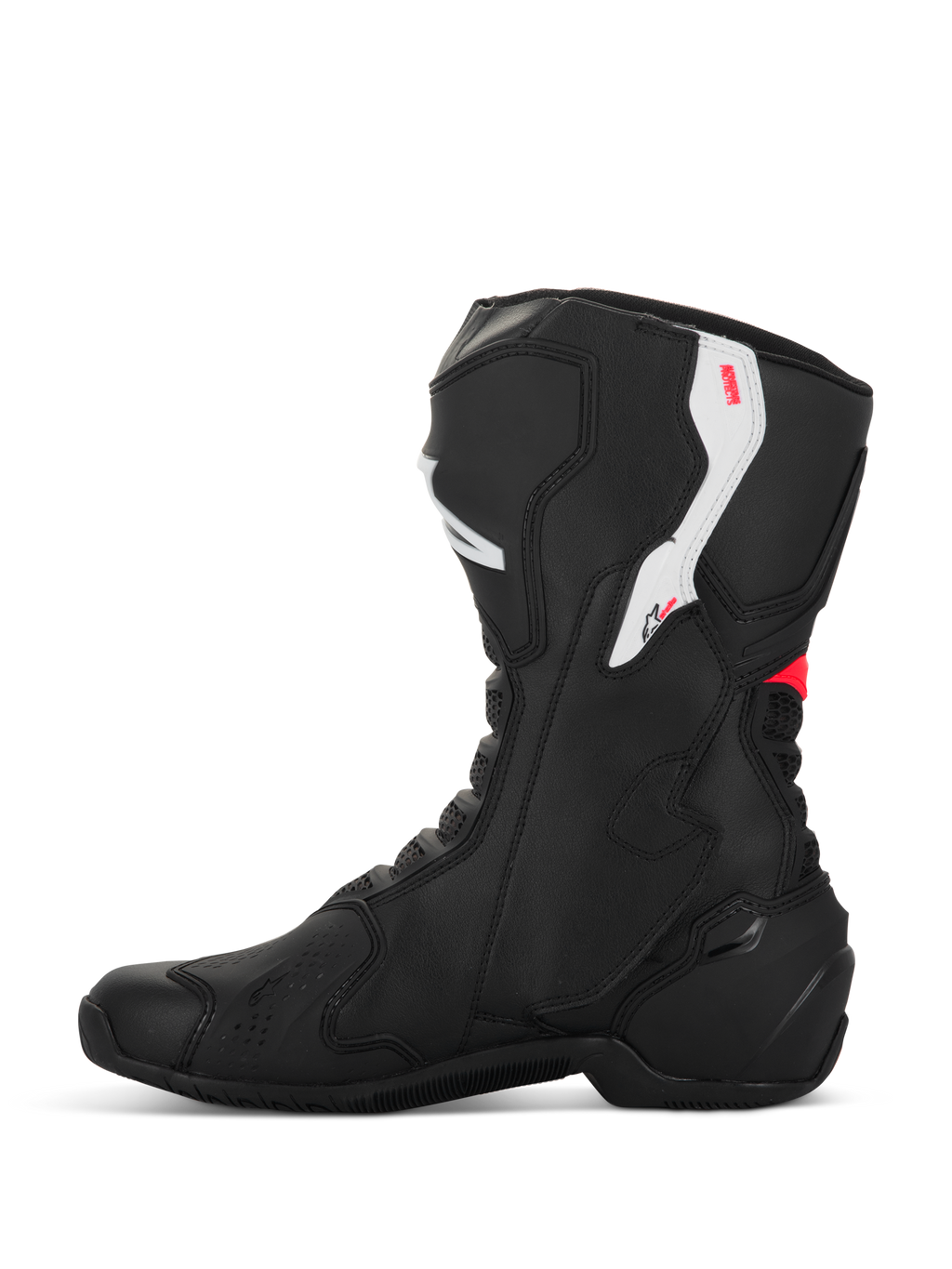 Bottes Alpinestars Stella SMX-6 V3, bottes de moto pour femme, noir, blanc et rose diva, vue de profil, avec construction en microfibre, protections de cheville et de tibia en TPU, et design profilé performant pour la piste et la route
