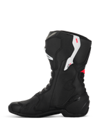 Bottes Alpinestars Stella SMX-6 V3, bottes de moto pour femme, noir, blanc et rose diva, vue de profil, avec construction en microfibre, protections de cheville et de tibia en TPU, et design profilé performant pour la piste et la route