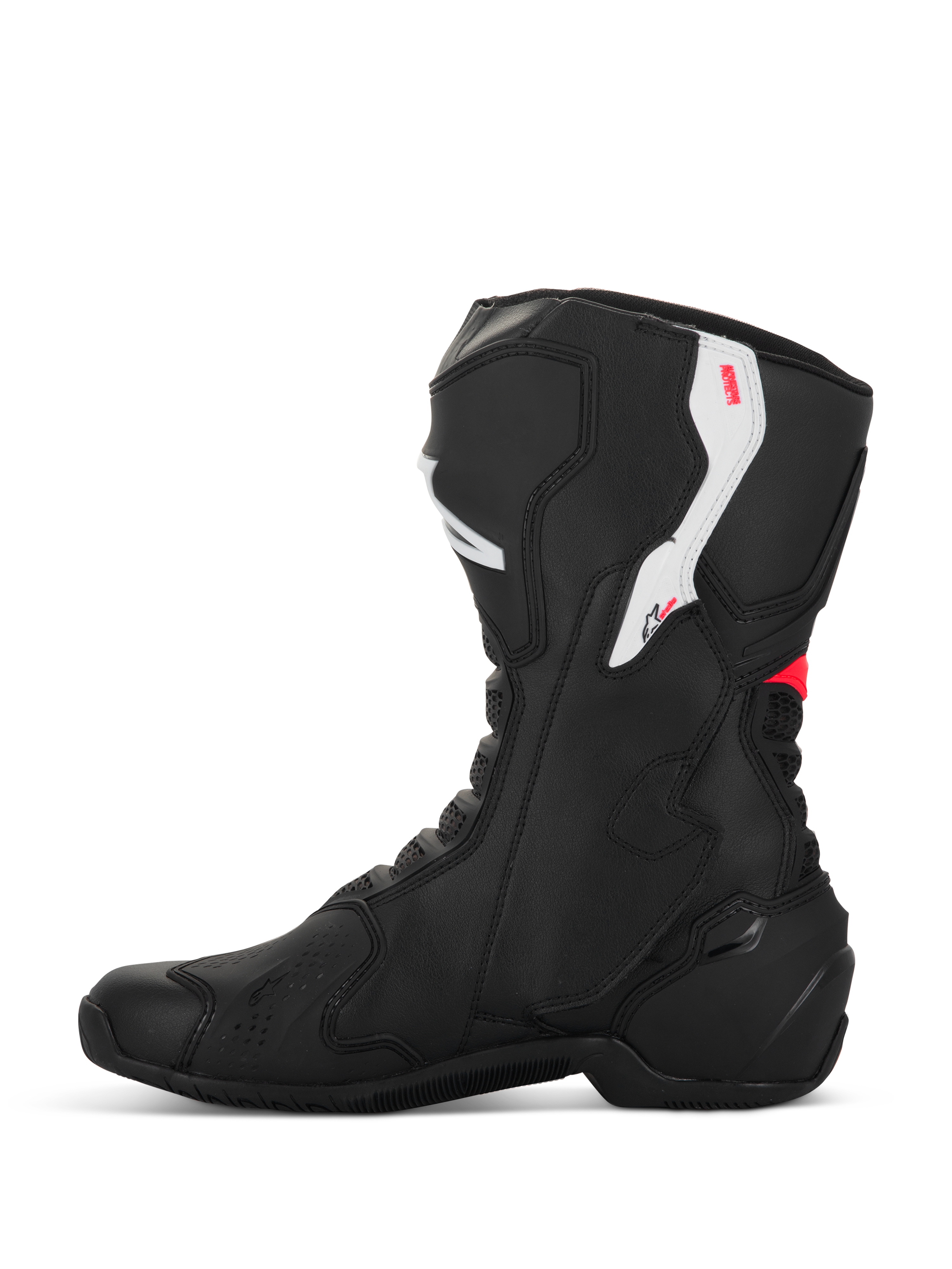 Bottes Alpinestars Stella SMX-6 V3, bottes de moto pour femme, noir, blanc et rose diva, vue de profil, avec construction en microfibre, protections de cheville et de tibia en TPU, et design profilé performant pour la piste et la route