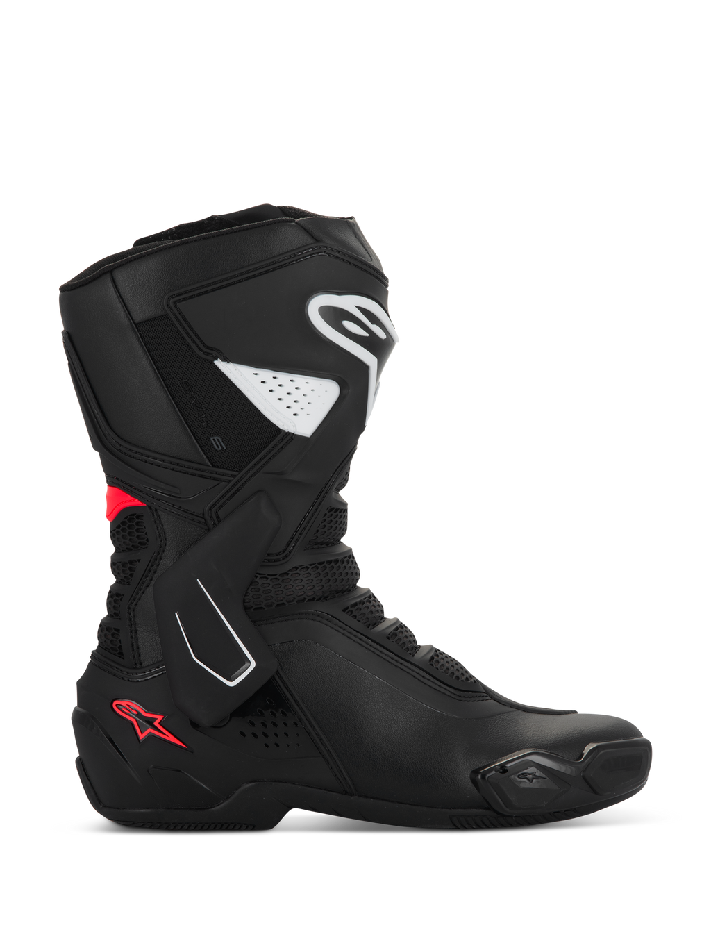 Bottes Alpinestars Stella SMX-6 V3, bottes de moto sport pour femme, noires avec accents blancs et rose Diva, profil latéral avec protections du tibia et de la cheville en TPU, panneaux flexibles en mesh et construction en microfibre performante pour la piste et la route
