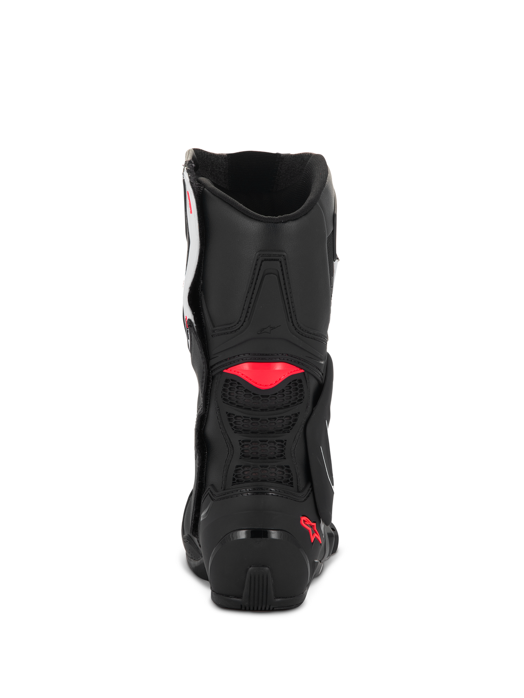 Bottes Alpinestars Stella SMX-6 V3, Noir Blanc Rose Diva, vue arrière montrant la construction en microfibre noire, des accents en TPU rose sur le mollet et le talon, et une ventilation en mesh intégrée pour la conduite sportive