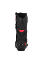 Bottes Alpinestars Stella SMX-6 V3, Noir Blanc Rose Diva, vue arrière montrant la construction en microfibre noire, des accents en TPU rose sur le mollet et le talon, et une ventilation en mesh intégrée pour la conduite sportive