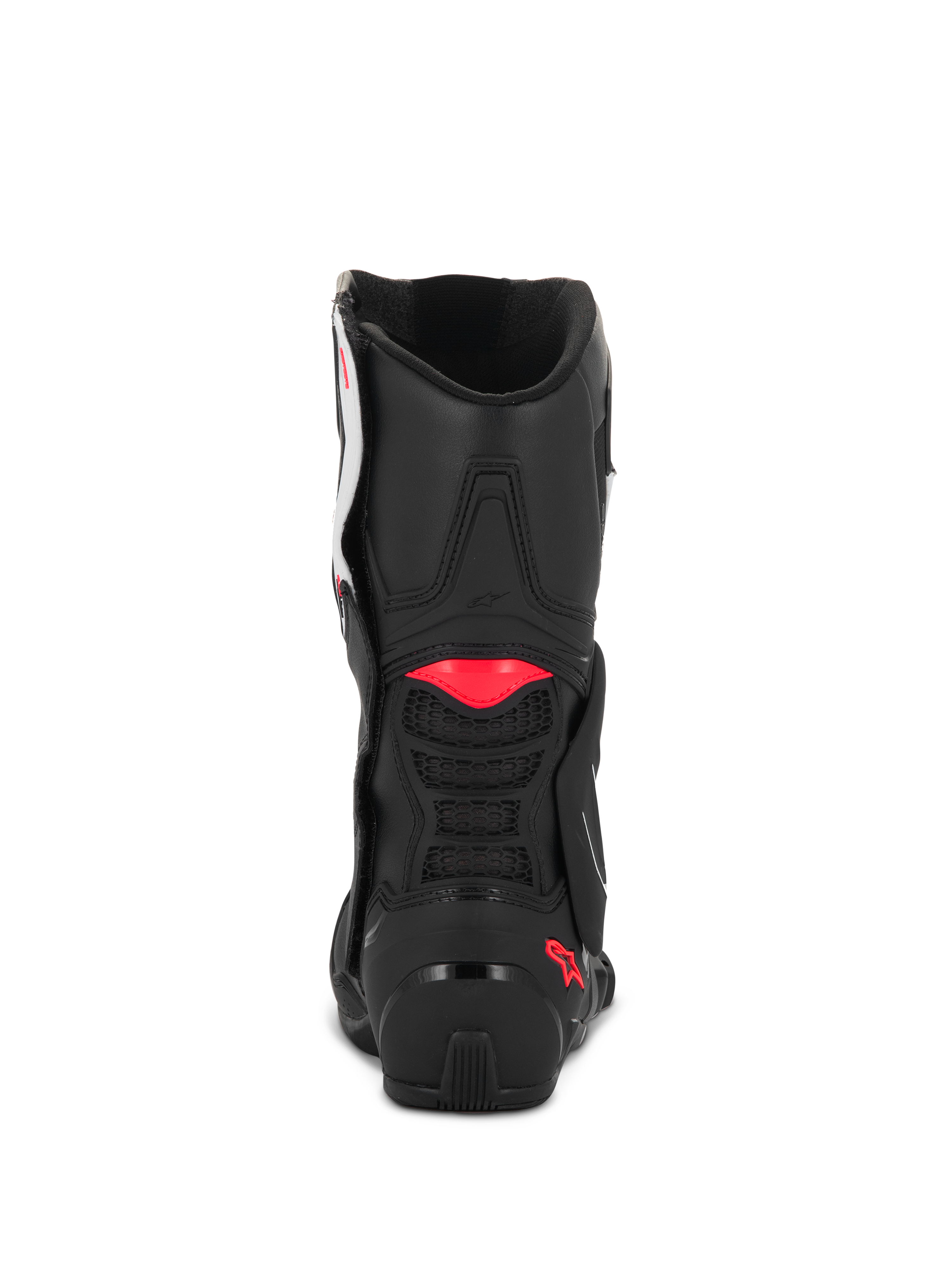 Bottes Alpinestars Stella SMX-6 V3, Noir Blanc Rose Diva, vue arrière montrant la construction en microfibre noire, des accents en TPU rose sur le mollet et le talon, et une ventilation en mesh intégrée pour la conduite sportive