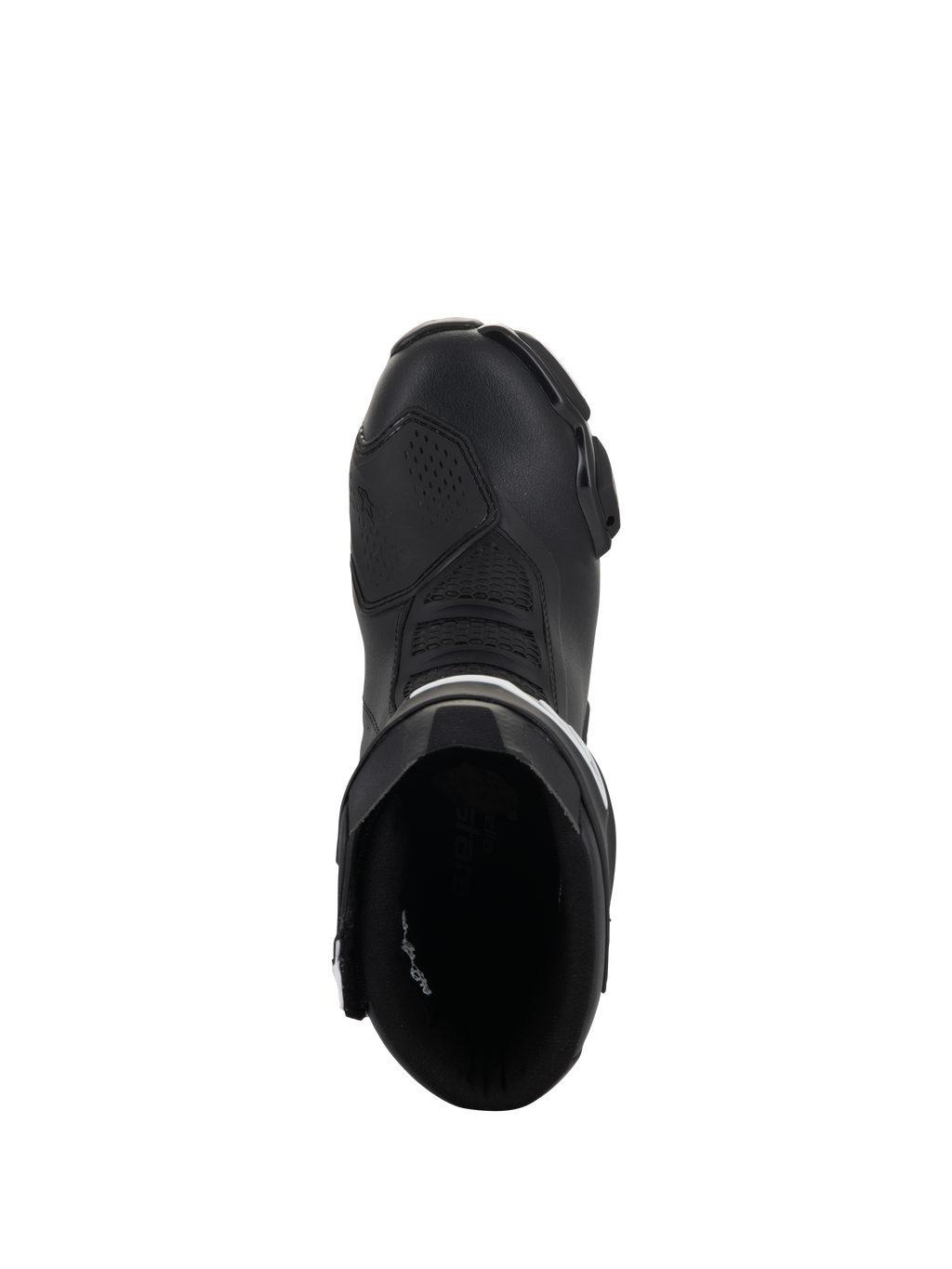 Bottes Alpinestars Stella SMX-6 V3, bottes de moto de course et de sport pour femme, noir et blanc, vue de dessus montrant l'ouverture d'entrée et la zone des orteils profilée, construction en microfibre durable.