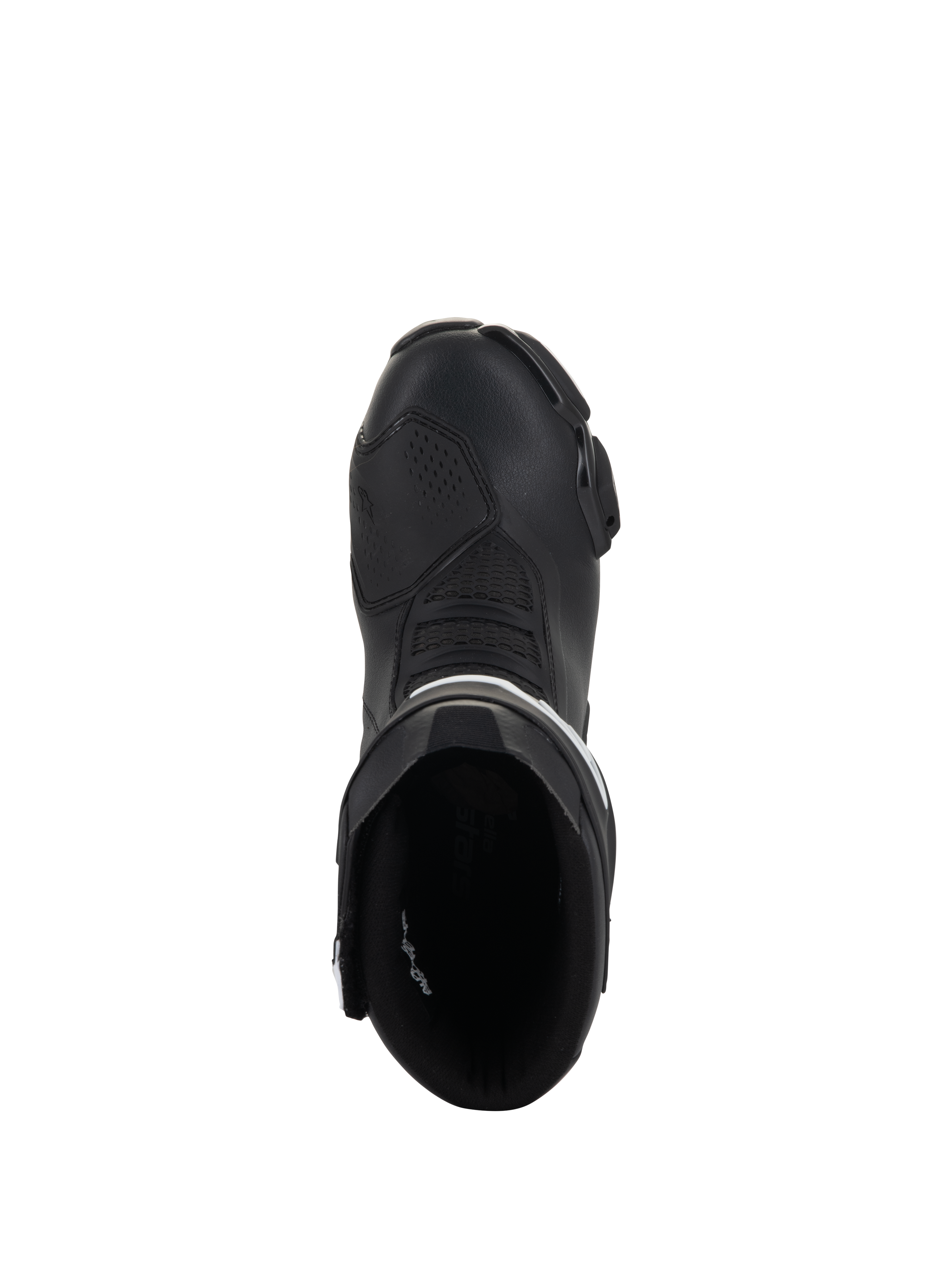 Bottes Alpinestars Stella SMX-6 V3, bottes de moto de course et de sport pour femme, noir et blanc, vue de dessus montrant l'ouverture d'entrée et la zone des orteils profilée, construction en microfibre durable.