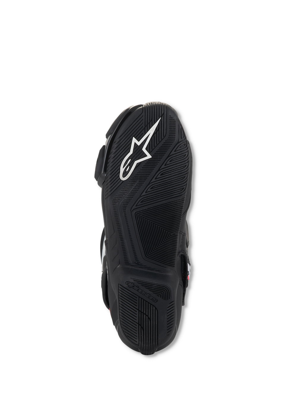 Bottes Alpinestars Stella SMX-6 V3, vue de la semelle, caoutchouc léger noir avec motifs d'adhérence texturés, présentant le logo Alpinestars blanc et un marquage embossé pour la traction et le contrôle des pédales