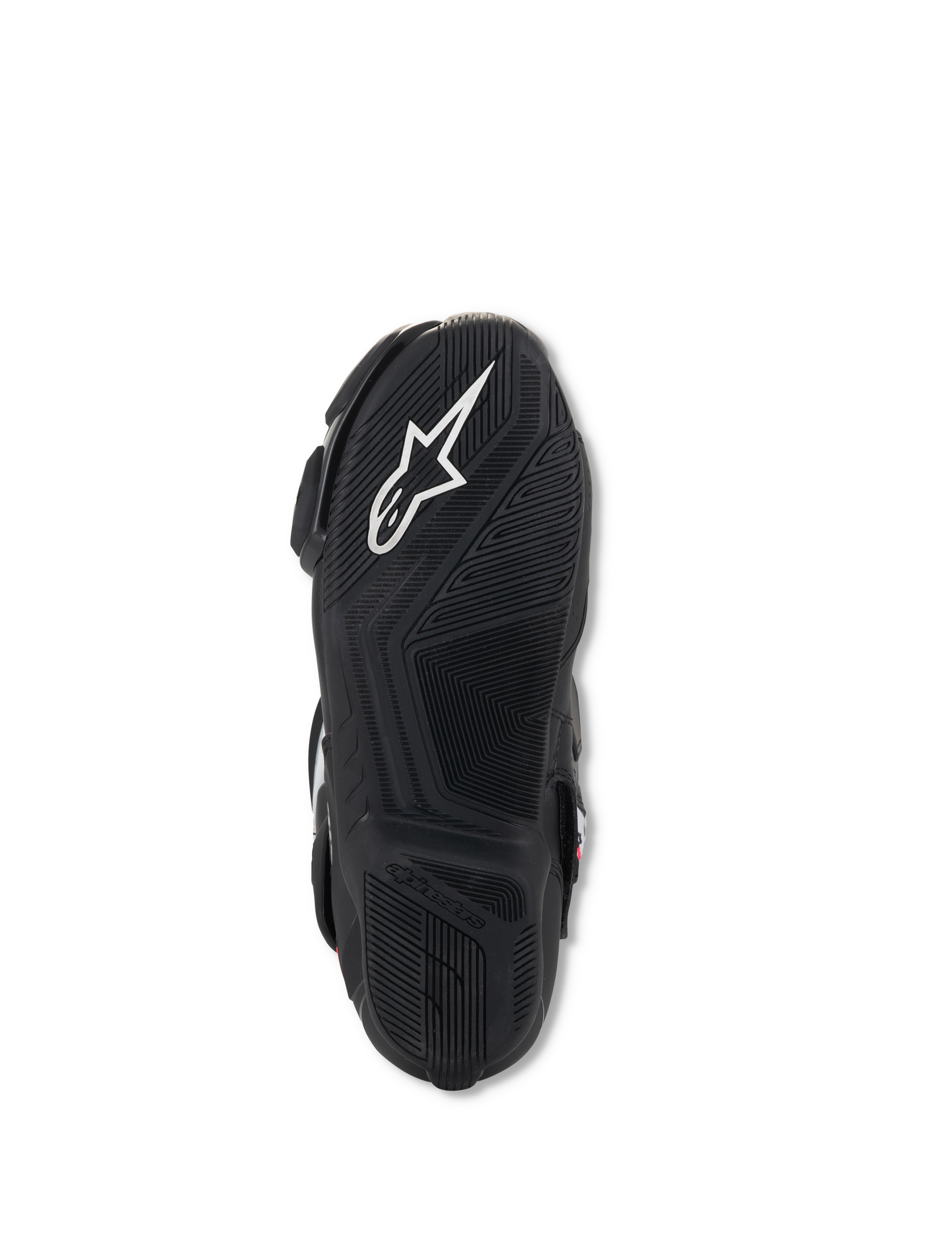 Bottes Alpinestars Stella SMX-6 V3, vue de la semelle, caoutchouc léger noir avec motifs d'adhérence texturés, présentant le logo Alpinestars blanc et un marquage embossé pour la traction et le contrôle des pédales