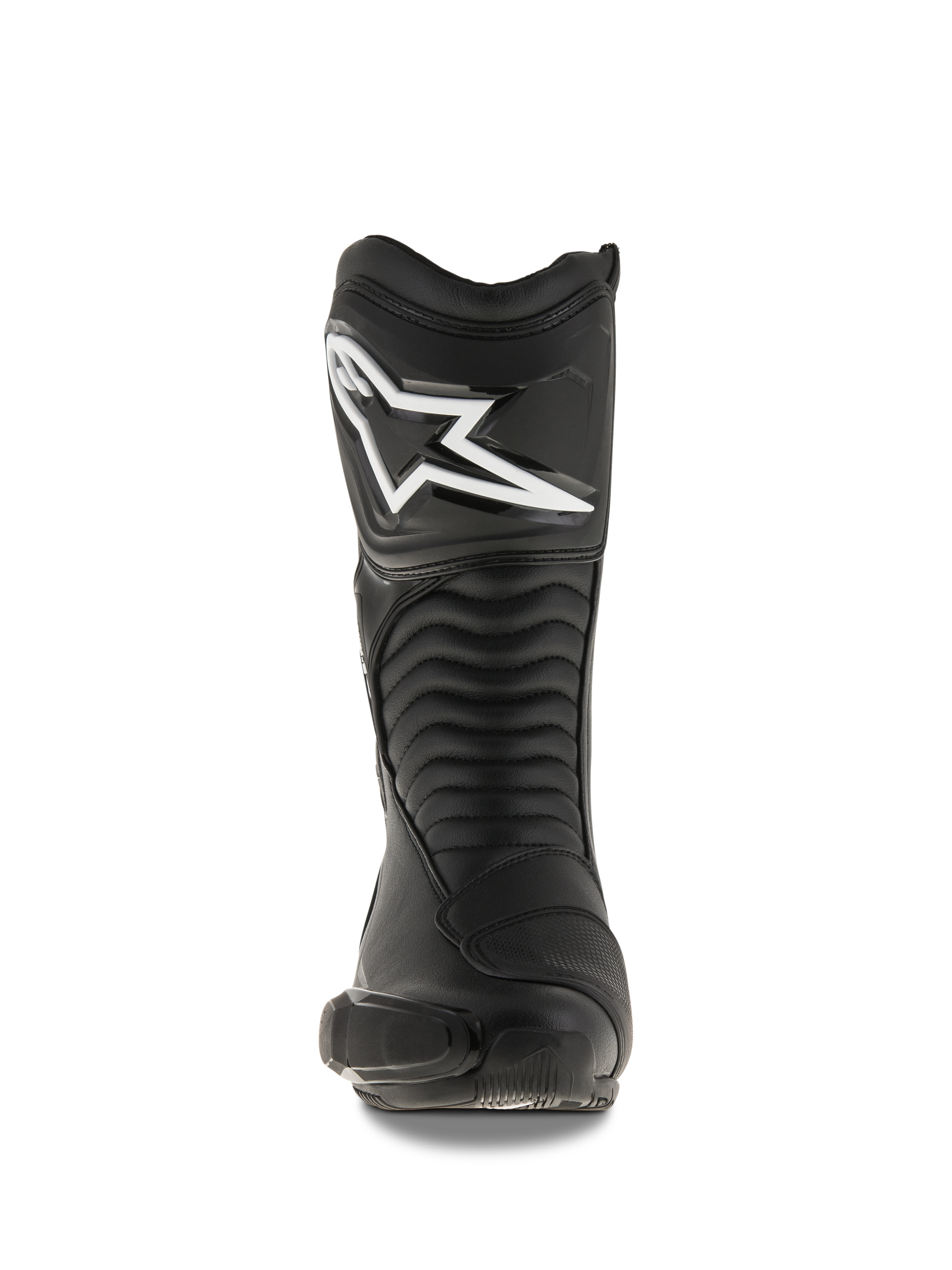 Alpinestars SMX S Stiefel, schwarze Motorradstiefel, Vorderansicht mit großem weißem Alpinestars-Logo auf der Schienbeinplatte, Akkordeon-Flex-Panels und strapazierfähiger Mikrofaser-Konstruktion mit schützenden PU-Schilden