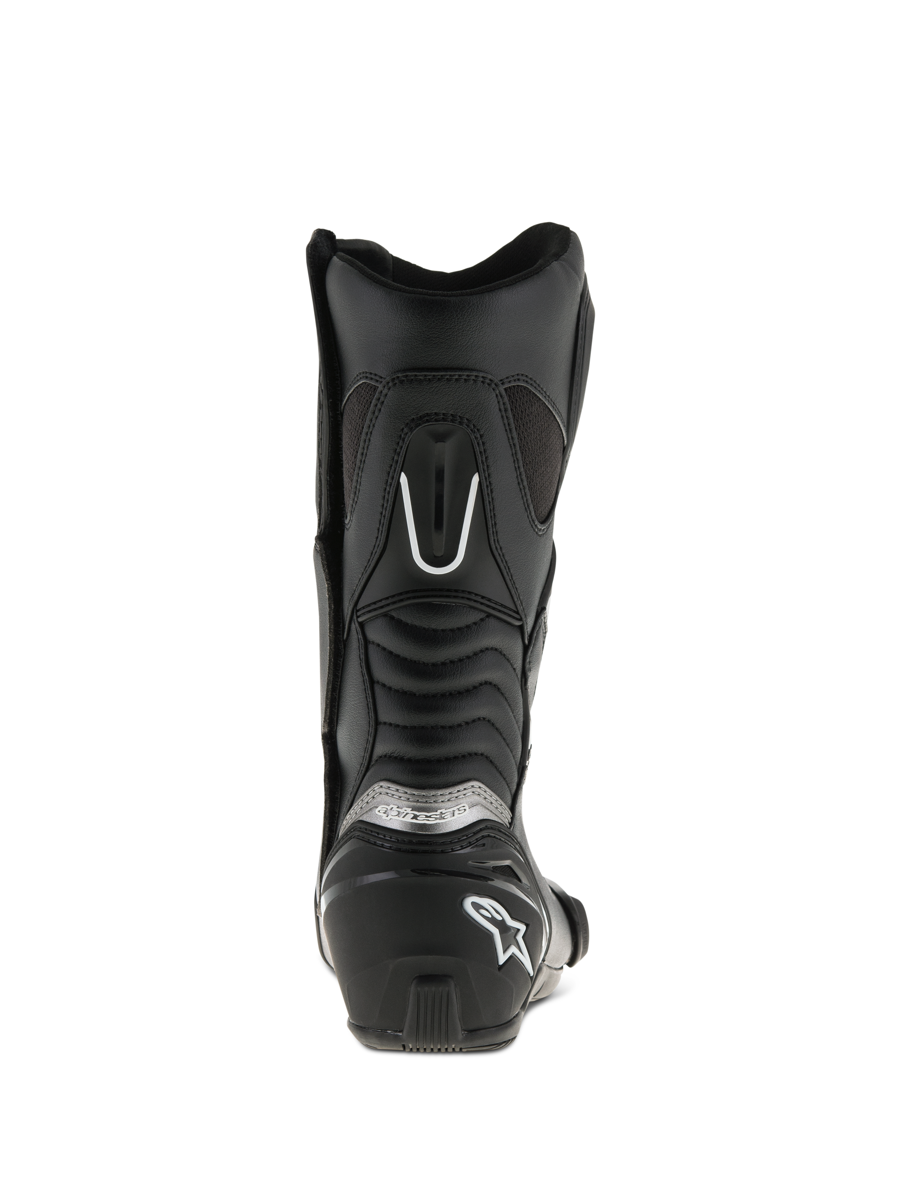 Alpinestars SMX S Stiefel, Schwarz, Rückansicht, mit verstärkter Fersenkappe mit weißem Logo, silbernem Branding und Akkordeon-Flex-Einsätzen für verbesserte Bewegungsfreiheit und Schutz
