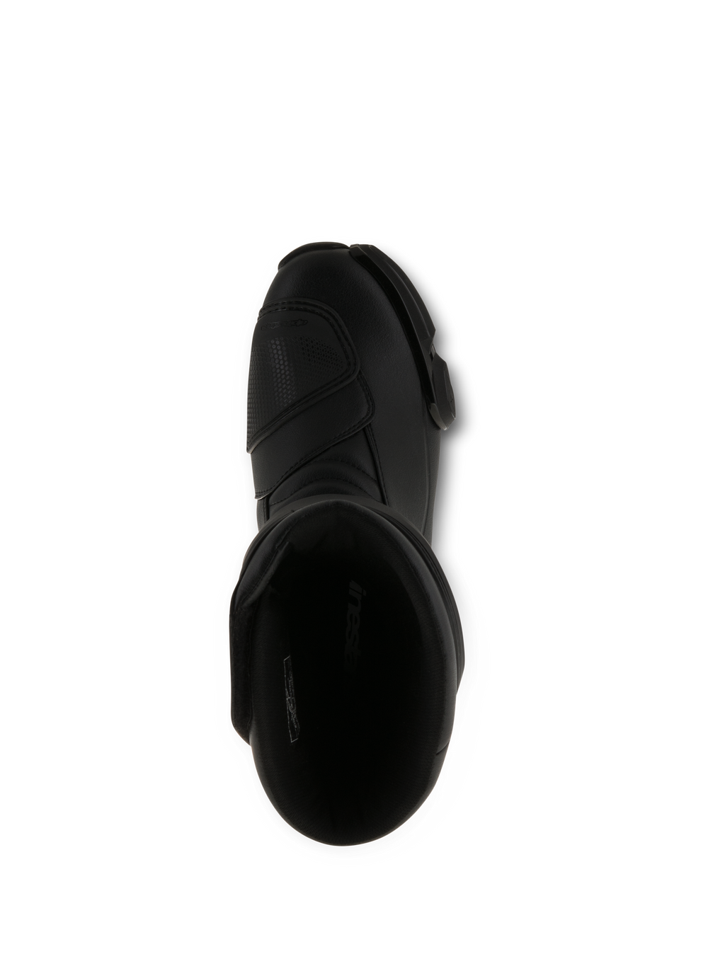 Alpinestars SMX S Stiefel, schwarze Motorradstiefel, Draufsicht mit Blick in die Einstiegsöffnung, komplett schwarze Mikrofaser-Konstruktion mit verstärkter Schaltauflage und ergonomischem Schutzdesign