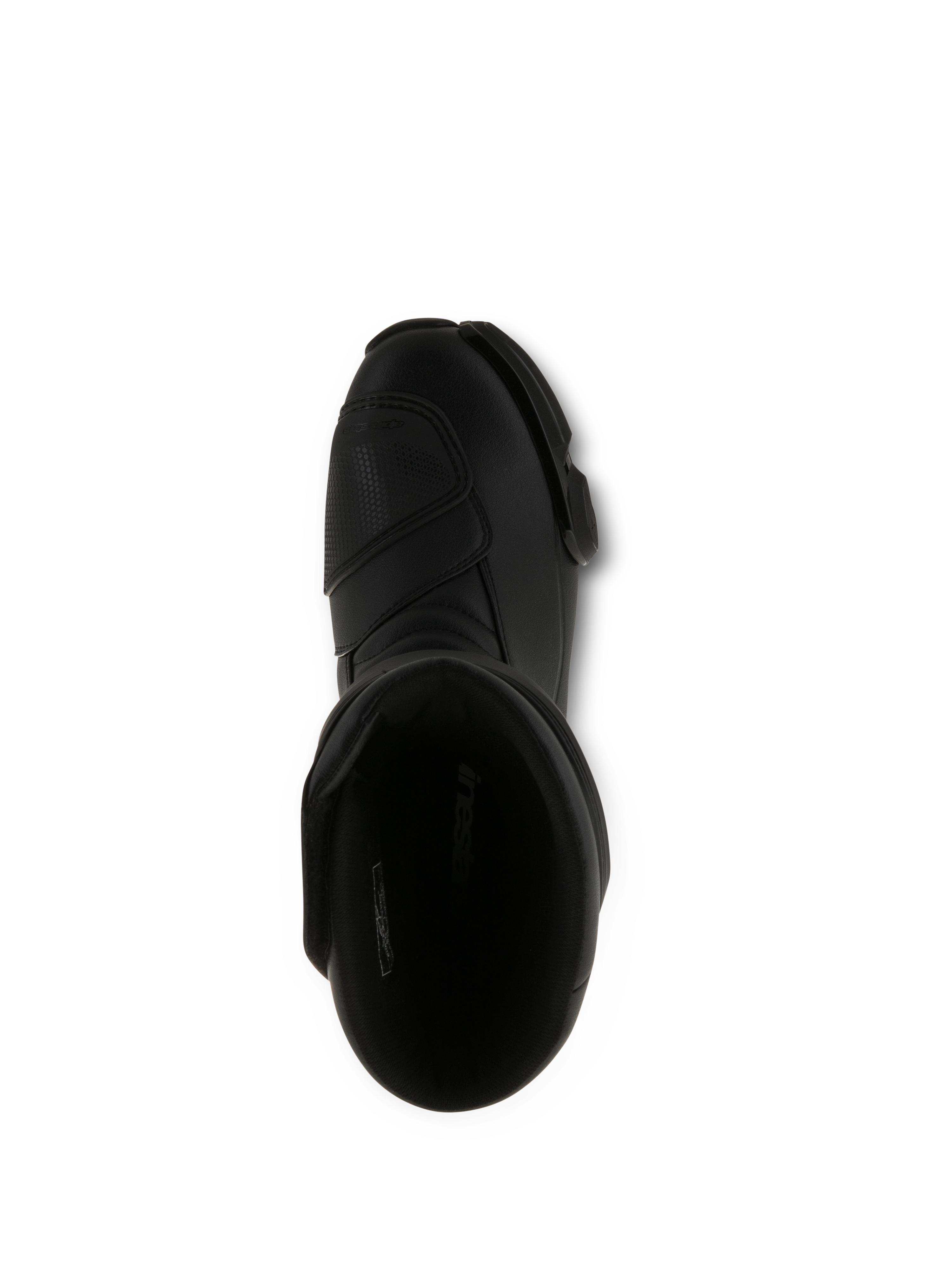 Alpinestars SMX S Stiefel, schwarze Motorradstiefel, Draufsicht mit Blick in die Einstiegsöffnung, komplett schwarze Mikrofaser-Konstruktion mit verstärkter Schaltauflage und ergonomischem Schutzdesign