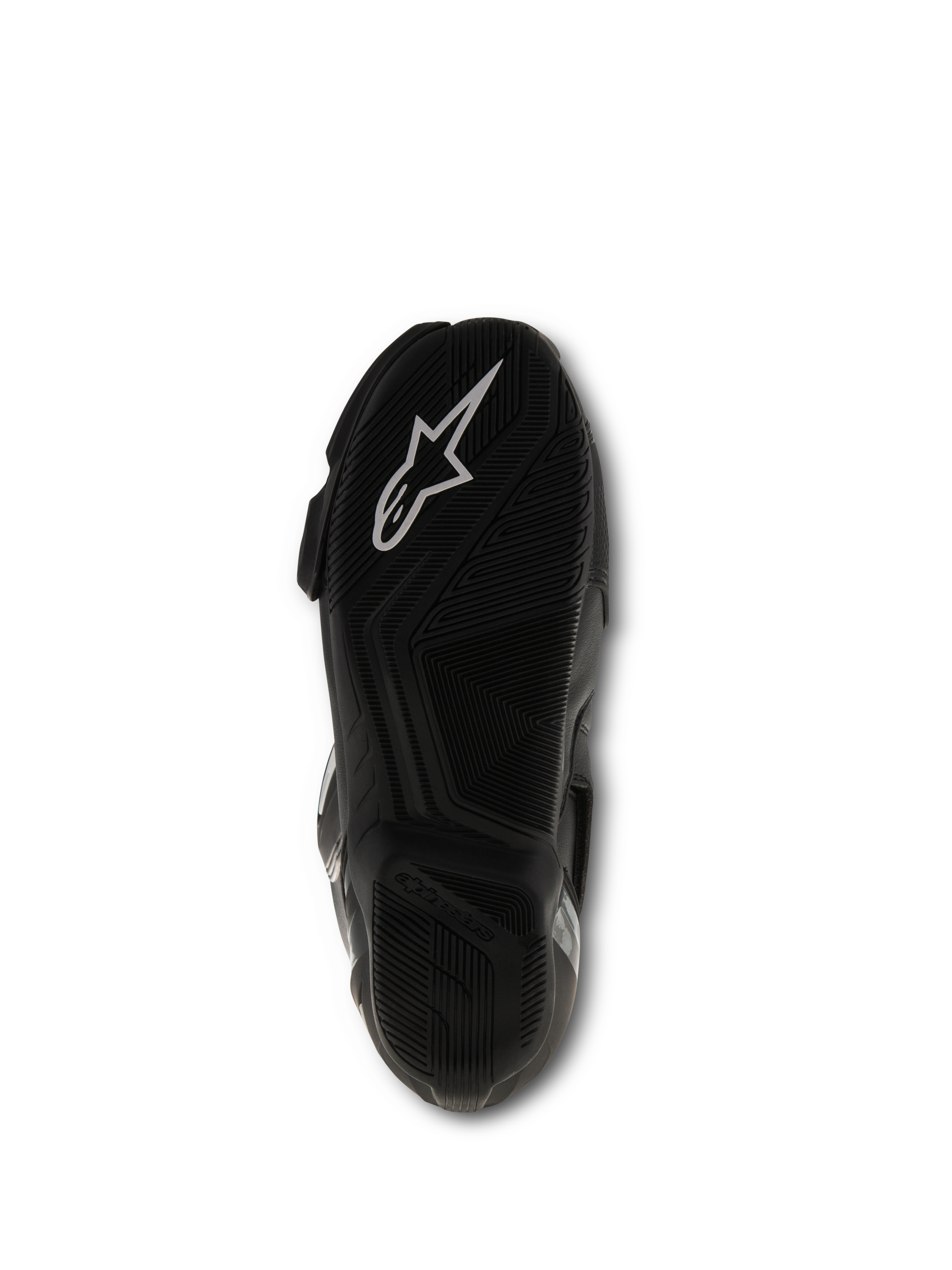 Alpinestars SMX S Stiefel, Schwarz, Ansicht der Sohlenunterseite mit strukturierter Gummimischung und weißem Alpinestars-Logo, Performance-Motorradrennstiefel