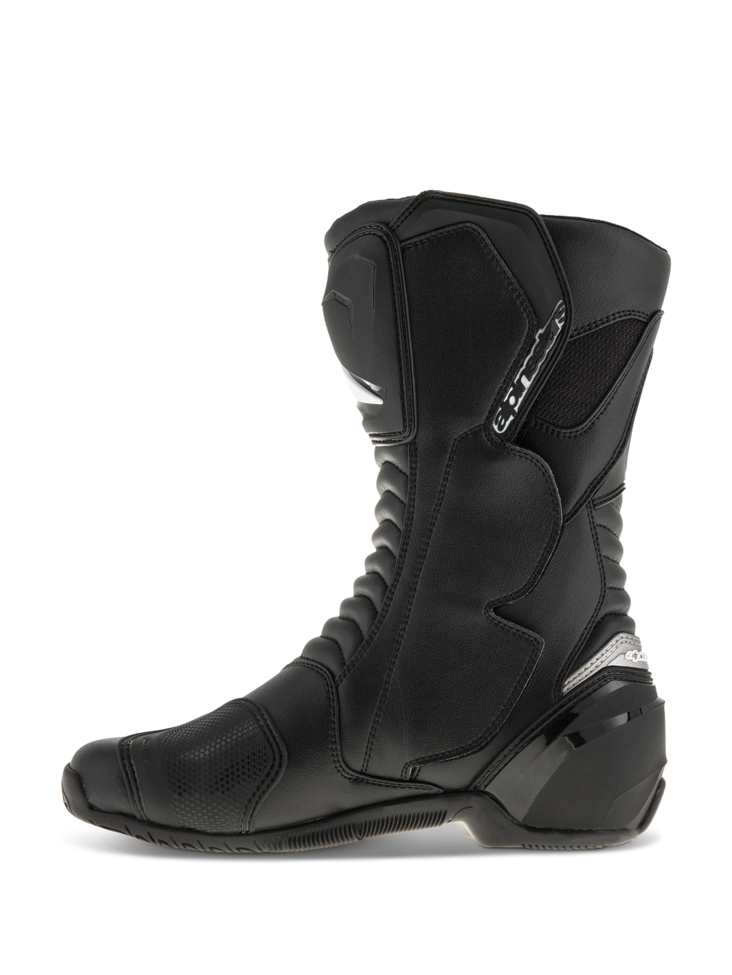 Alpinestars SMX S Stiefel, Motorradstiefel, Schwarz auf Schwarz, Seitenprofil-Ansicht, mit strapazierfähigem Mikrofaser-Obermaterial, PU-Schienbein- und Fersenprotektoren, ergonomisches Design für Sport- und Straßenfahrten