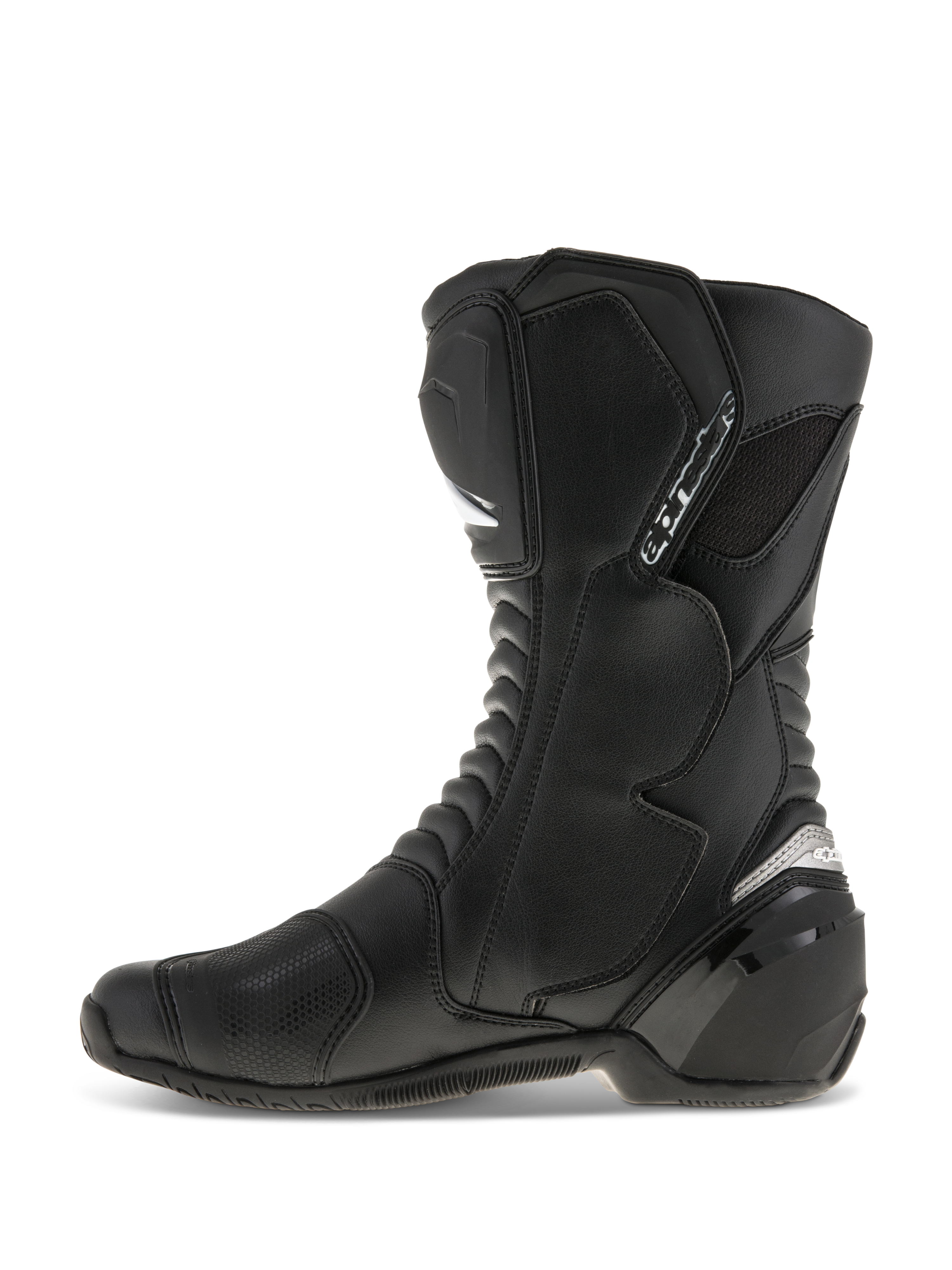 Alpinestars SMX S Stiefel, Motorradstiefel, Schwarz auf Schwarz, Seitenprofil-Ansicht, mit strapazierfähigem Mikrofaser-Obermaterial, PU-Schienbein- und Fersenprotektoren, ergonomisches Design für Sport- und Straßenfahrten