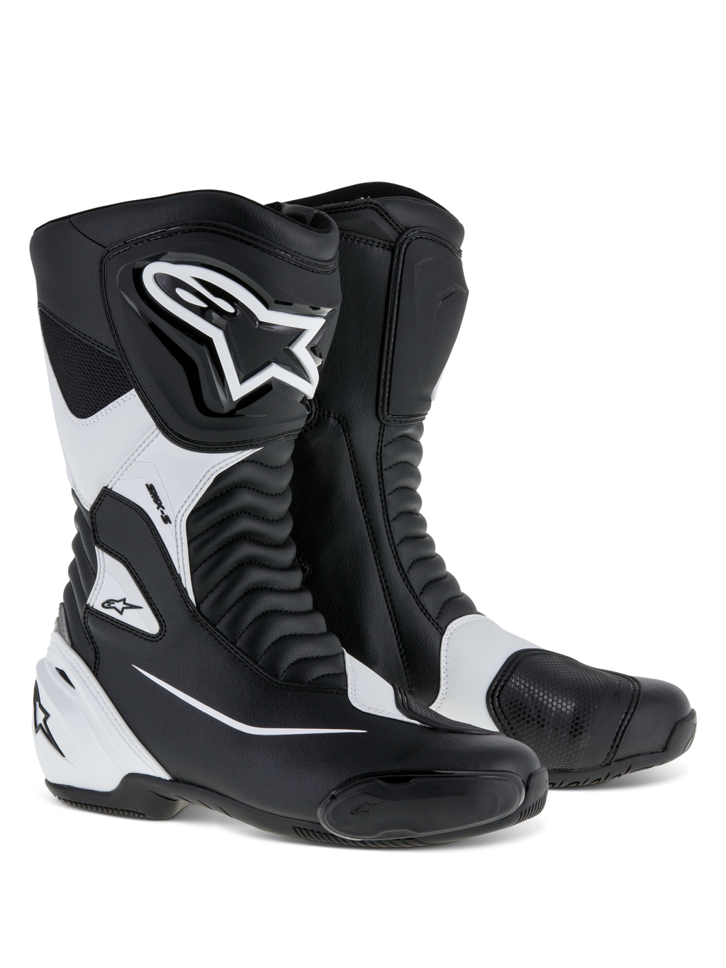 Alpinestars SMX S Stiefel, Sportmotorrad-Stiefel, Schwarz und Weiß, strapazierfähiges Mikrofaser-Obermaterial, PU-Schienbein- und Fersenschutz, Akkordeon-Flex-Einsätze, markantes Alpinestars-Branding, Performance-Straßenstiefel