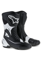 Alpinestars SMX S Stiefel, Sportmotorrad-Stiefel, Schwarz und Weiß, strapazierfähiges Mikrofaser-Obermaterial, PU-Schienbein- und Fersenschutz, Akkordeon-Flex-Einsätze, markantes Alpinestars-Branding, Performance-Straßenstiefel