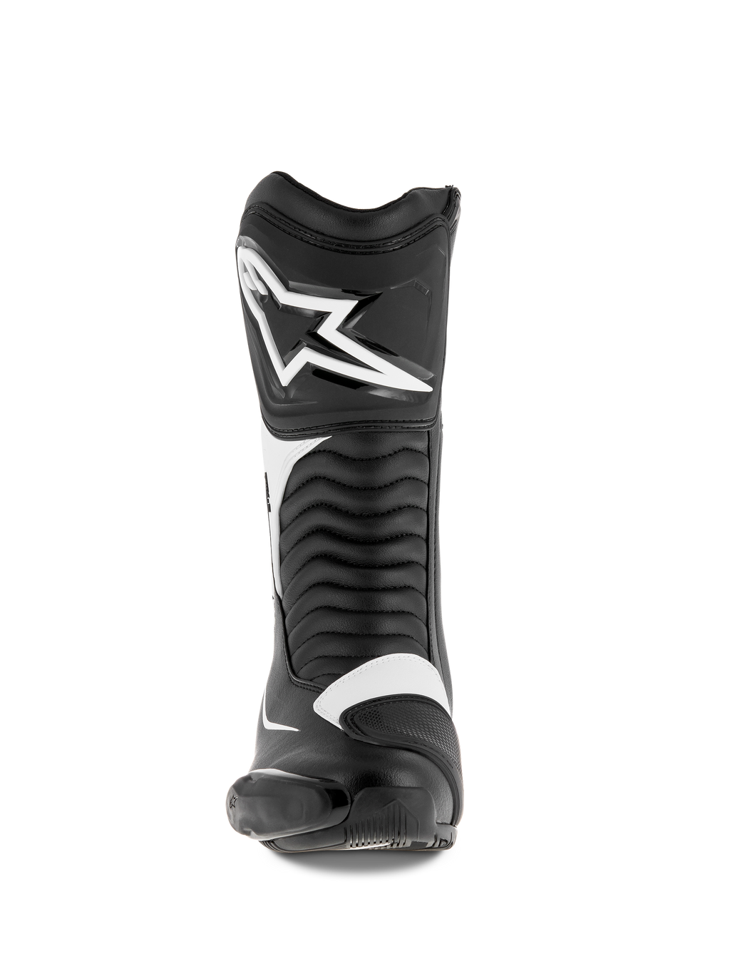 Alpinestars SMX S Stiefel, Motorradstiefel, Schwarz-Weiß, Frontansicht mit großem weißen Alpinestars-Logo am Schienbein, Akkordeon-Flex-Panels und strapazierfähiger Mikrofaser-Konstruktion mit schützenden PU-Schilden