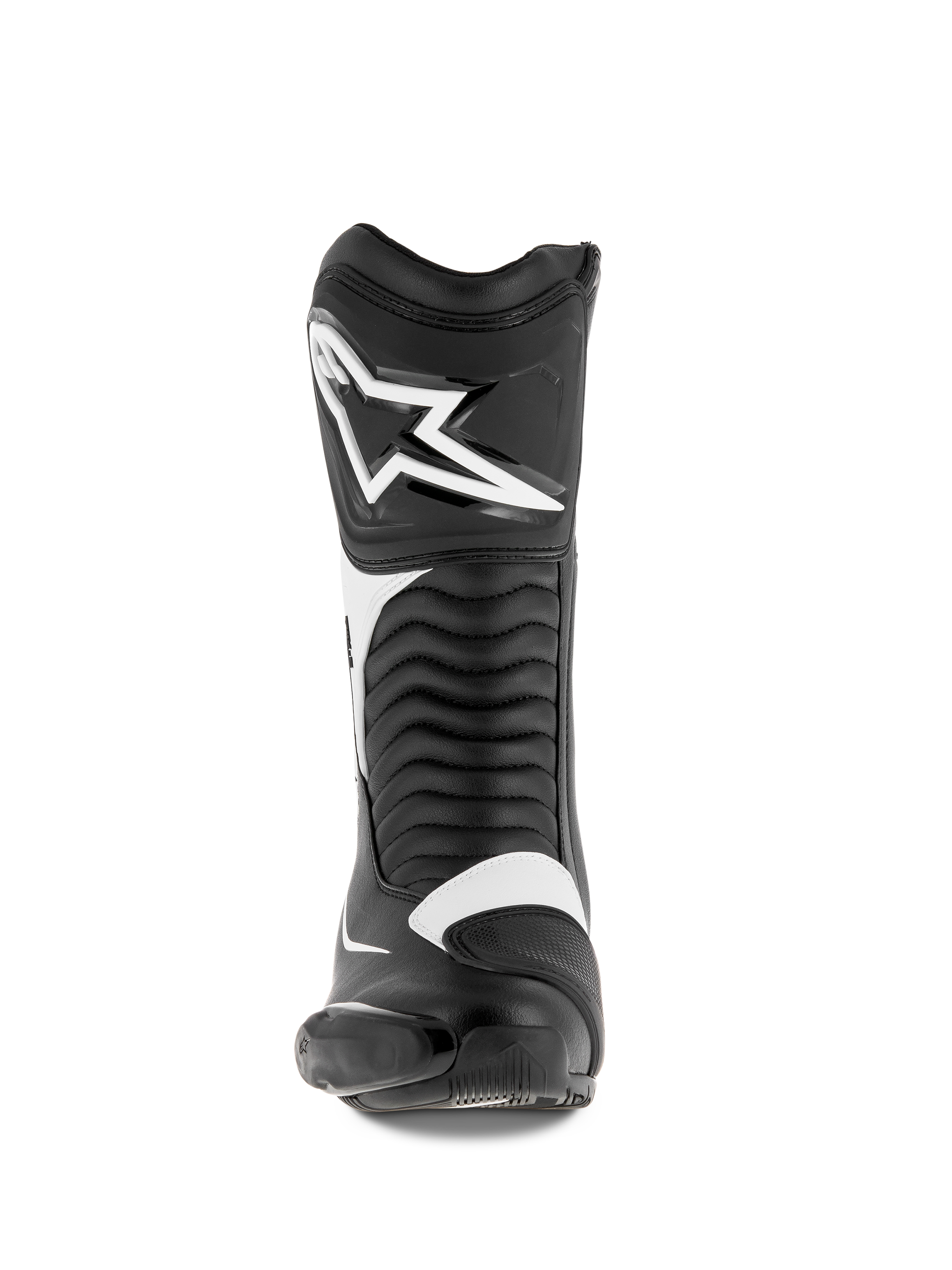 Alpinestars SMX S Stiefel, Motorradstiefel, Schwarz-Weiß, Frontansicht mit großem weißen Alpinestars-Logo am Schienbein, Akkordeon-Flex-Panels und strapazierfähiger Mikrofaser-Konstruktion mit schützenden PU-Schilden
