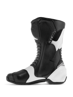 Alpinestars SMX S Stiefel, sportliche Straßenmotorradstiefel, Schwarz und Weiß, Seitenprofil mit strapazierfähigem Mikrofaser-Obermaterial, verstärkten Schienbein-, Knöchel- und Fersenprotektoren, weißen Akzentpaneelen und Akkordeon-Flexzonen.
