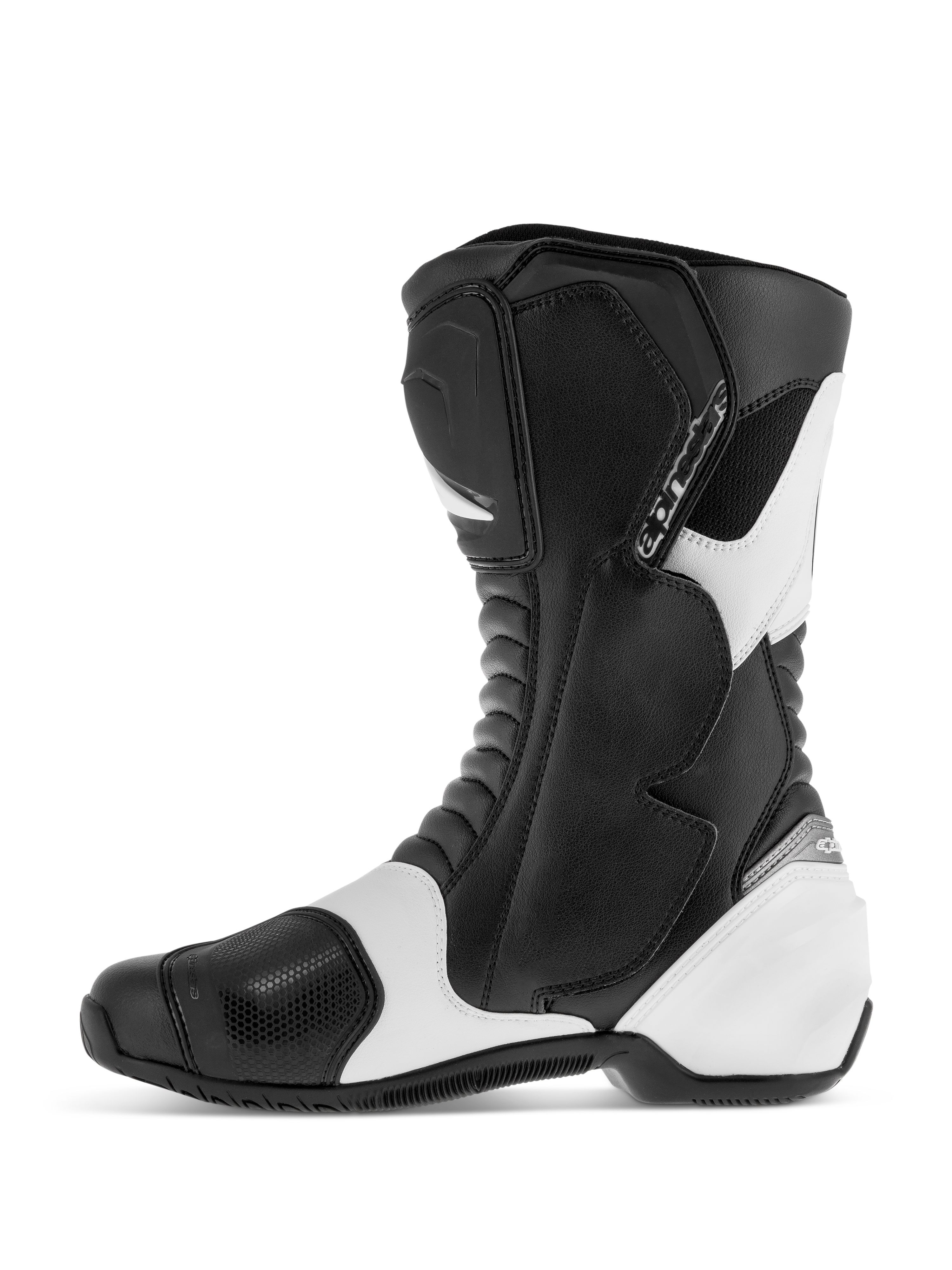 Alpinestars SMX S Stiefel, sportliche Straßenmotorradstiefel, Schwarz und Weiß, Seitenprofil mit strapazierfähigem Mikrofaser-Obermaterial, verstärkten Schienbein-, Knöchel- und Fersenprotektoren, weißen Akzentpaneelen und Akkordeon-Flexzonen.