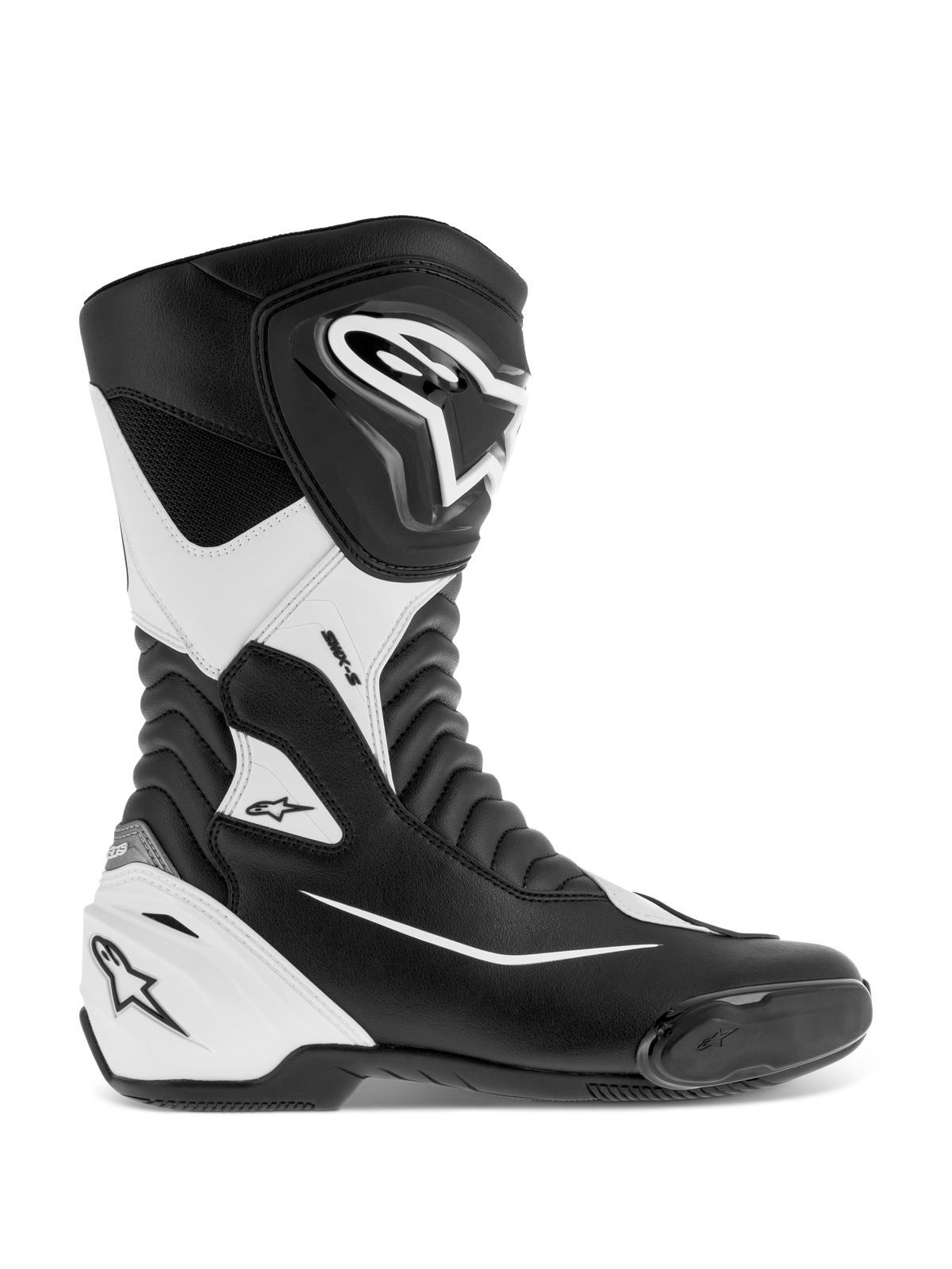 Alpinestars SMX S, bottes de moto de course, noires et blanches, dotées d'une tige en microfibre durable avec protections de tibia et de talon en PU, zones flexibles en accordéon et slider intégré, certifiées CE pour la route et le sport