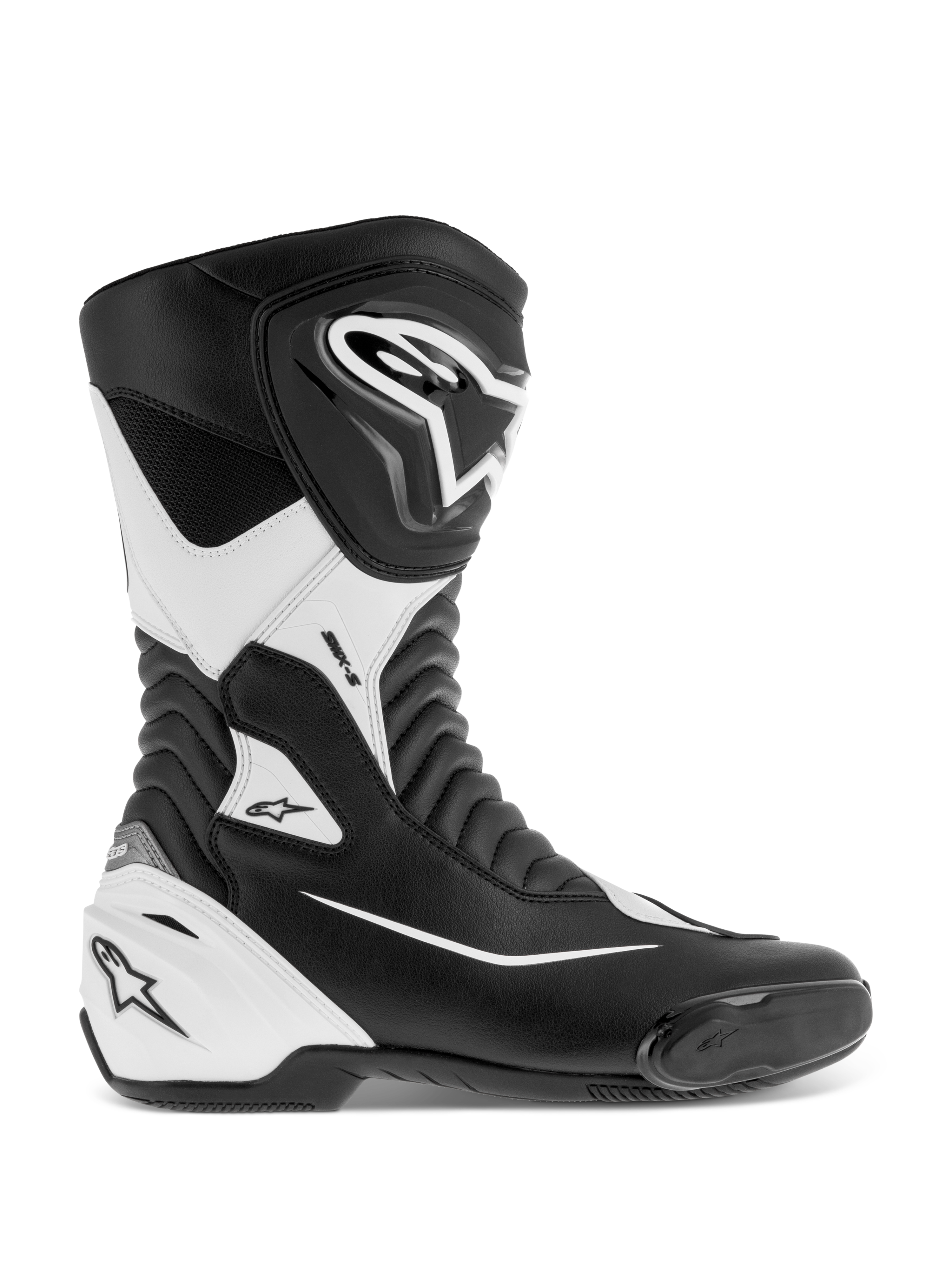 Alpinestars SMX S Stiefel, Motorrad-Rennstiefel, Schwarz und Weiß, mit strapazierfähigem Mikrofaser-Obermaterial, schützenden PU-Schienbein- und Fersenkappen, Akkordeon-Flexzonen und integriertem Zehenschleifer, CE-zertifiziert für Performance-Straßen- und Sporteinsätze.