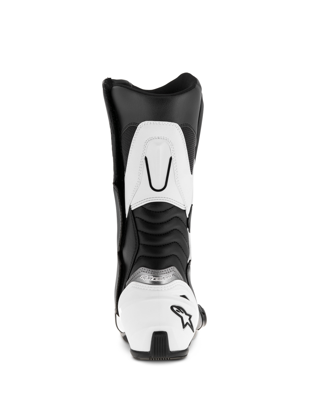 Alpinestars SMX S Stiefel, Schwarz und Weiß, Rückansicht mit weißer Fersenkappe und schwarzem Stern-Logo, gerippten Akkordeon-Flex-Einsätzen und weißer Wadenverstärkung oben, strapazierfähige Sport-Motorradstiefel aus Mikrofaser