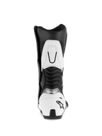 Alpinestars SMX S Stiefel, Schwarz und Weiß, Rückansicht mit weißer Fersenkappe und schwarzem Stern-Logo, gerippten Akkordeon-Flex-Einsätzen und weißer Wadenverstärkung oben, strapazierfähige Sport-Motorradstiefel aus Mikrofaser