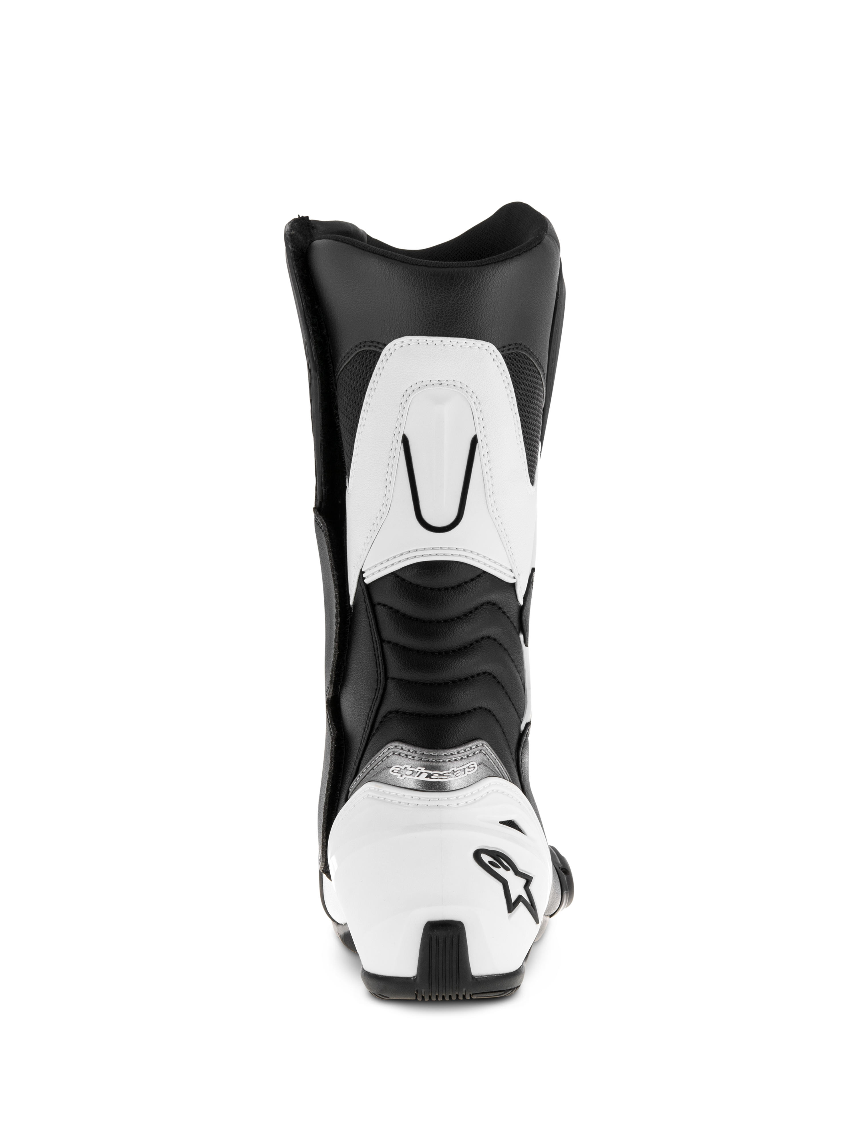 Alpinestars SMX S Stiefel, Schwarz und Weiß, Rückansicht mit weißer Fersenkappe und schwarzem Stern-Logo, gerippten Akkordeon-Flex-Einsätzen und weißer Wadenverstärkung oben, strapazierfähige Sport-Motorradstiefel aus Mikrofaser