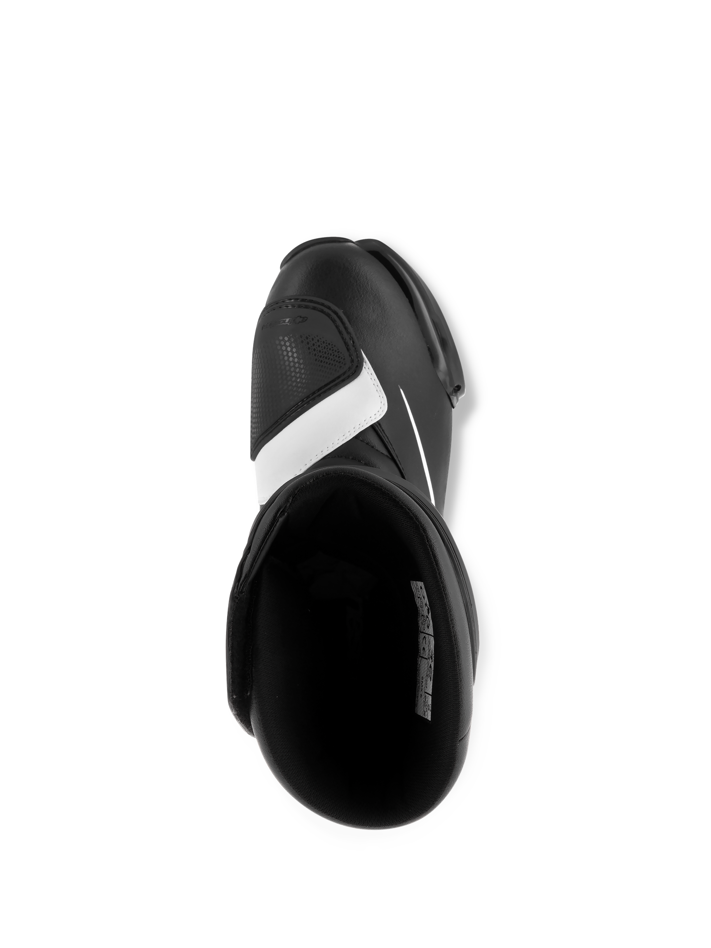 Alpinestars SMX S Stiefel, Schwarz und Weiß, Draufsicht auf das Innere und das Schaltpolster im Zehenbereich, strapazierfähige Mikrofaser-Konstruktion, Sport-Motorradstiefel