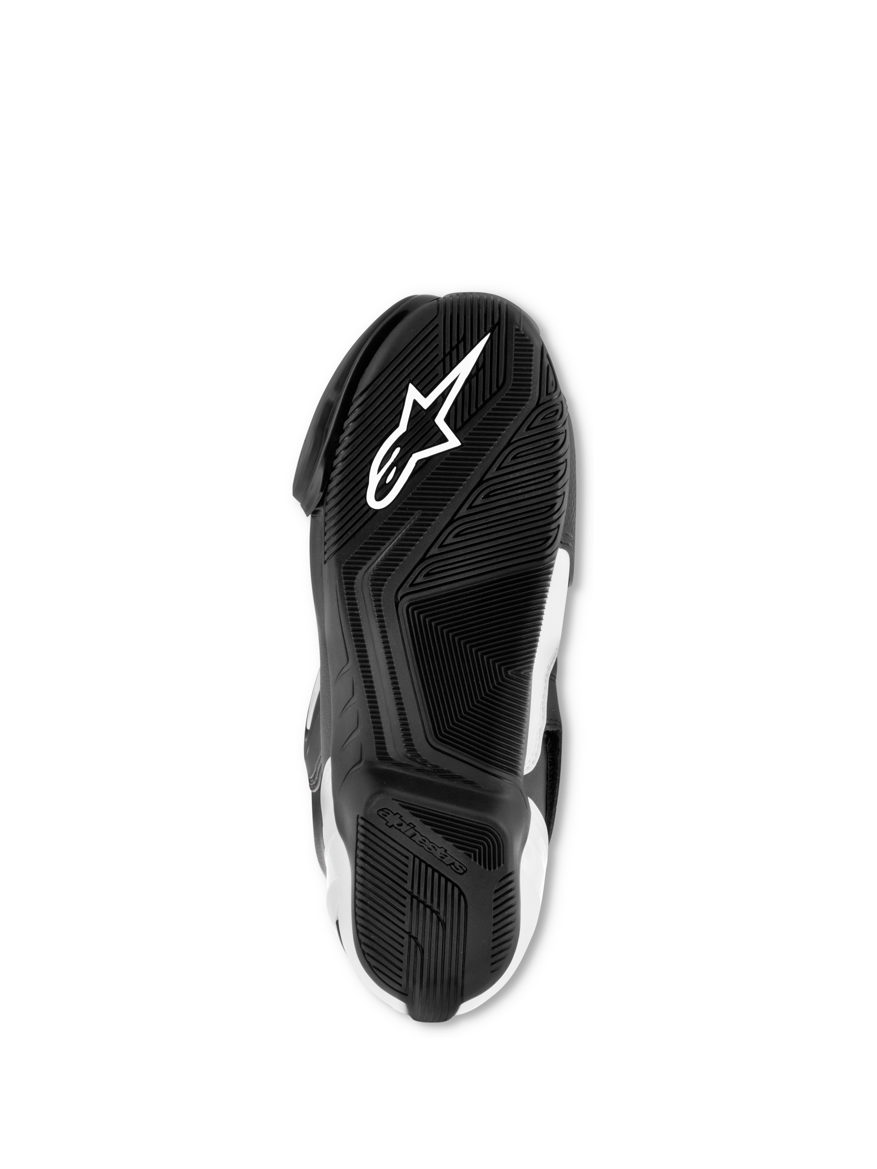 Alpinestars SMX S Stiefel, Schwarz und Weiß, Unteransicht der exklusiven Gummimischungssohle mit weißem Astar-Logo und texturiertem Profilmuster für Traktion und Halt.