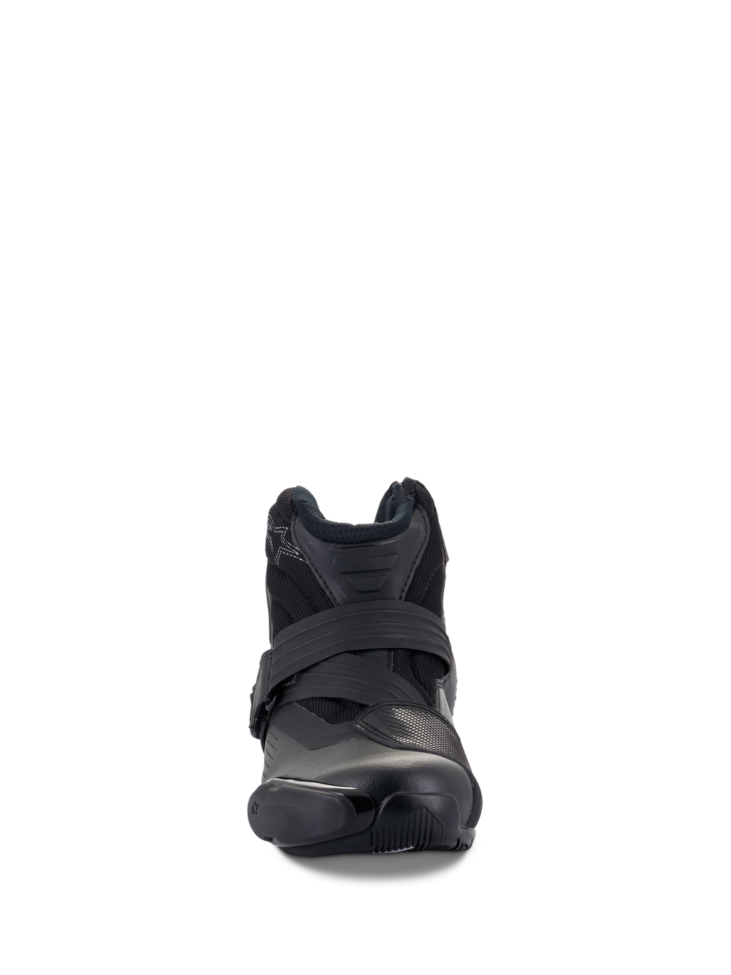 Alpinestars SMX-1 R V2 Vented Boots, noir, chaussure de moto basse performance, vue de face montrant la fermeture par sangle et la protection des orteils en TPU, tige en microfibre ventilée