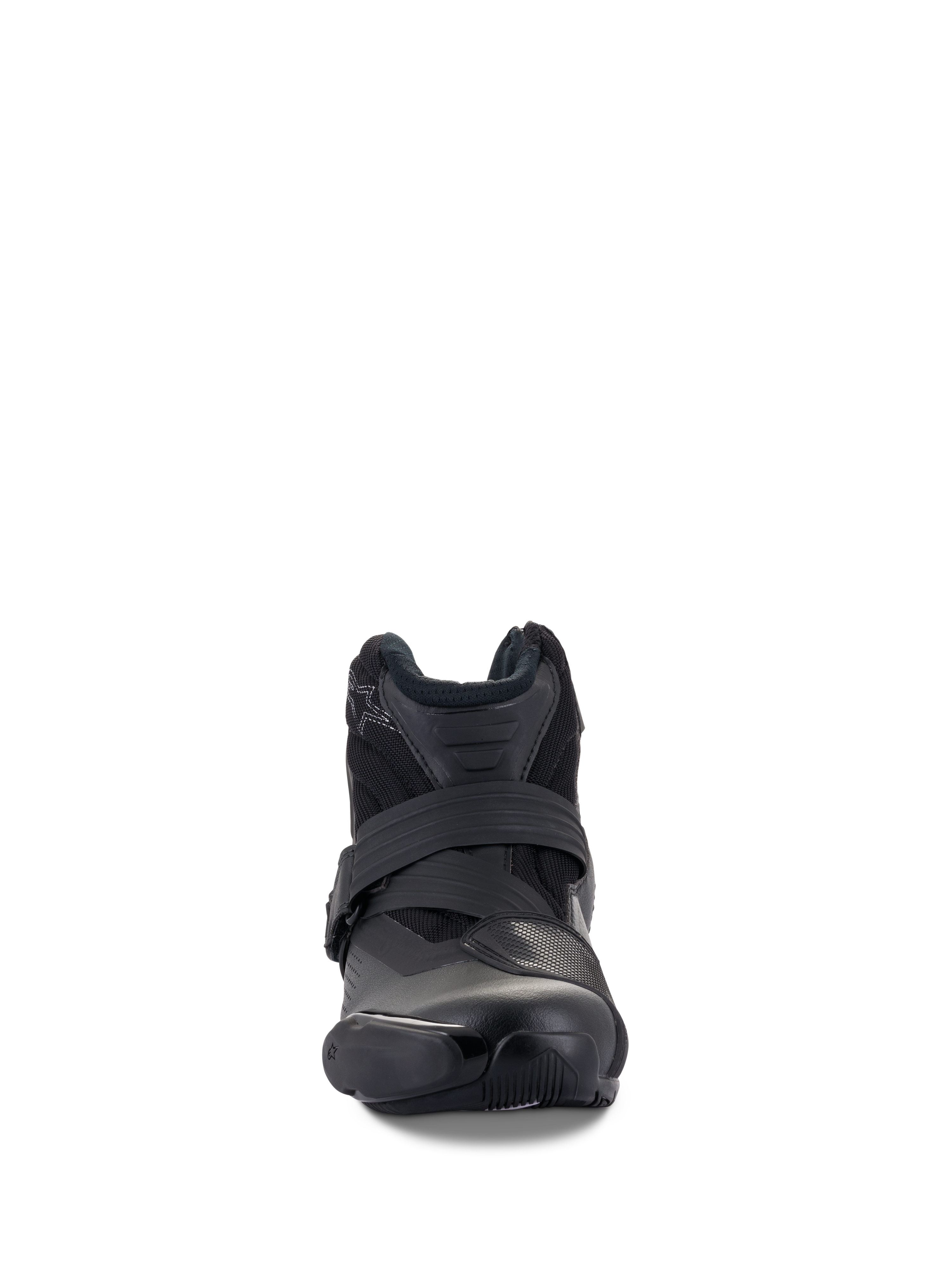 Alpinestars SMX-1 R V2 Vented Boots, noir, chaussure de moto basse performance, vue de face montrant la fermeture par sangle et la protection des orteils en TPU, tige en microfibre ventilée