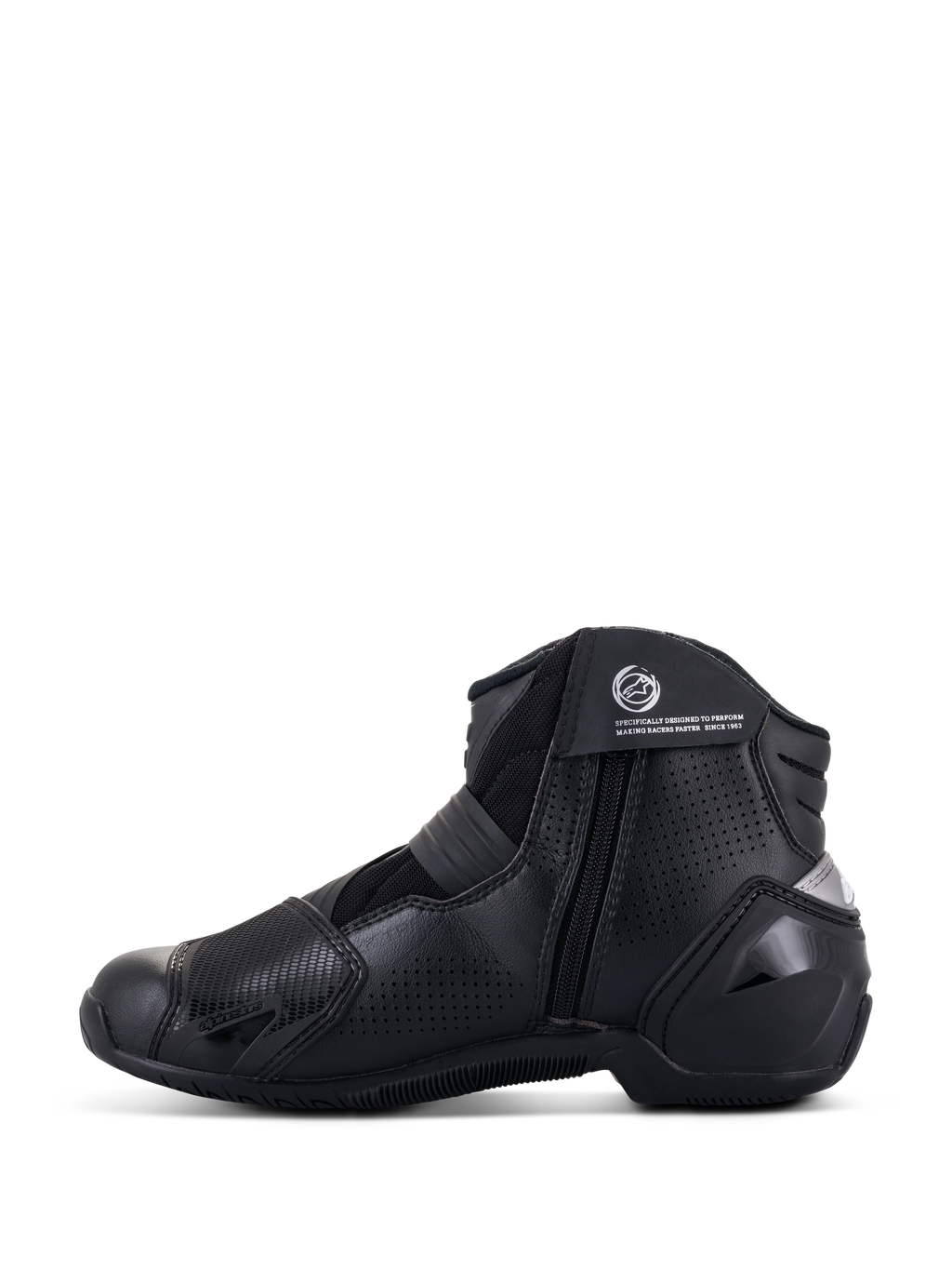Bottes Alpinestars SMX-1 R V2 Vented, noir, chaussures de moto performantes à coupe basse, vue de profil montrant la tige en microfibre perforée, les protections en TPU et la fermeture à glissière latérale.