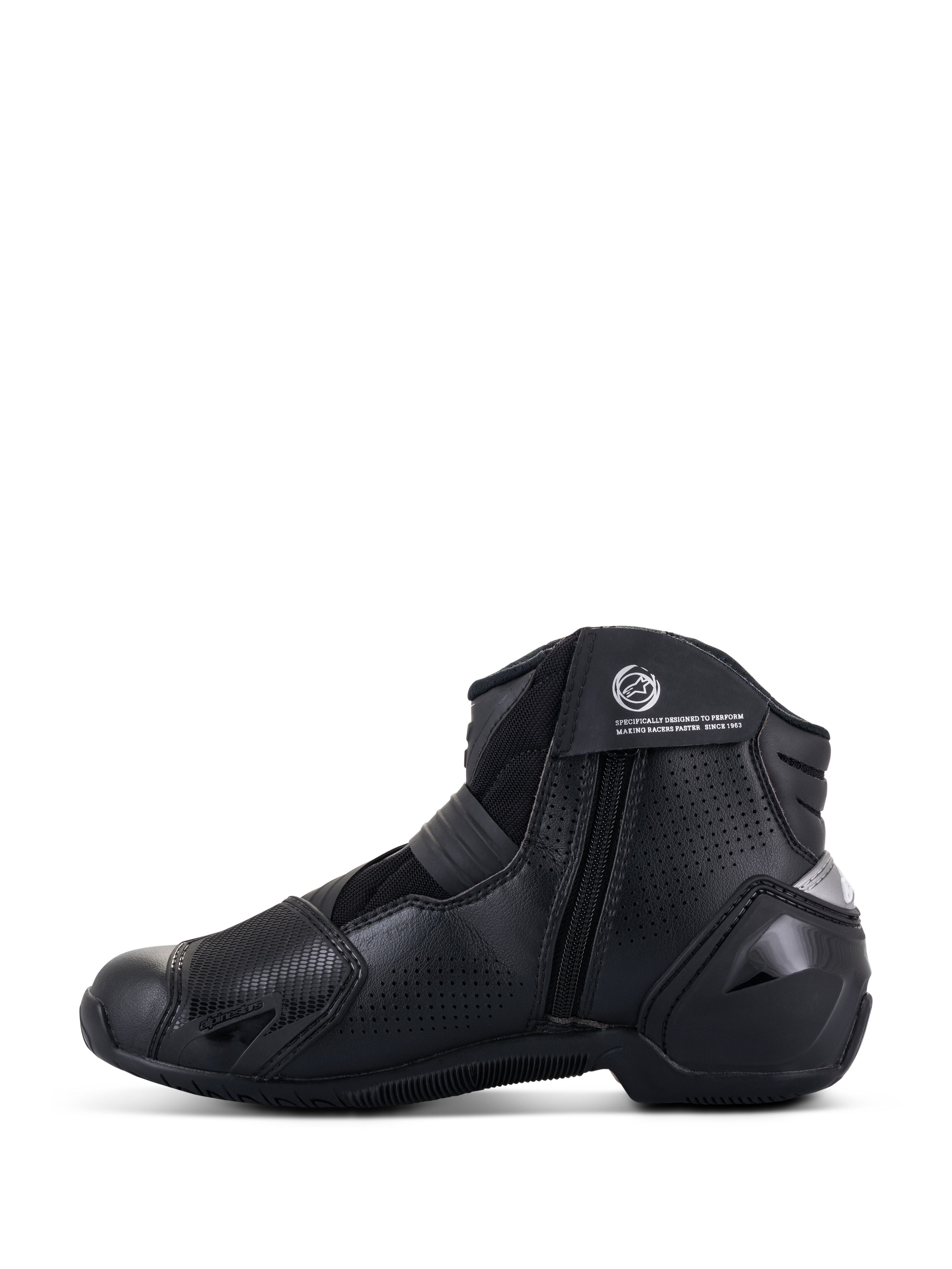 Bottes Alpinestars SMX-1 R V2 Vented, noir, chaussures de moto performantes à coupe basse, vue de profil montrant la tige en microfibre perforée, les protections en TPU et la fermeture à glissière latérale.