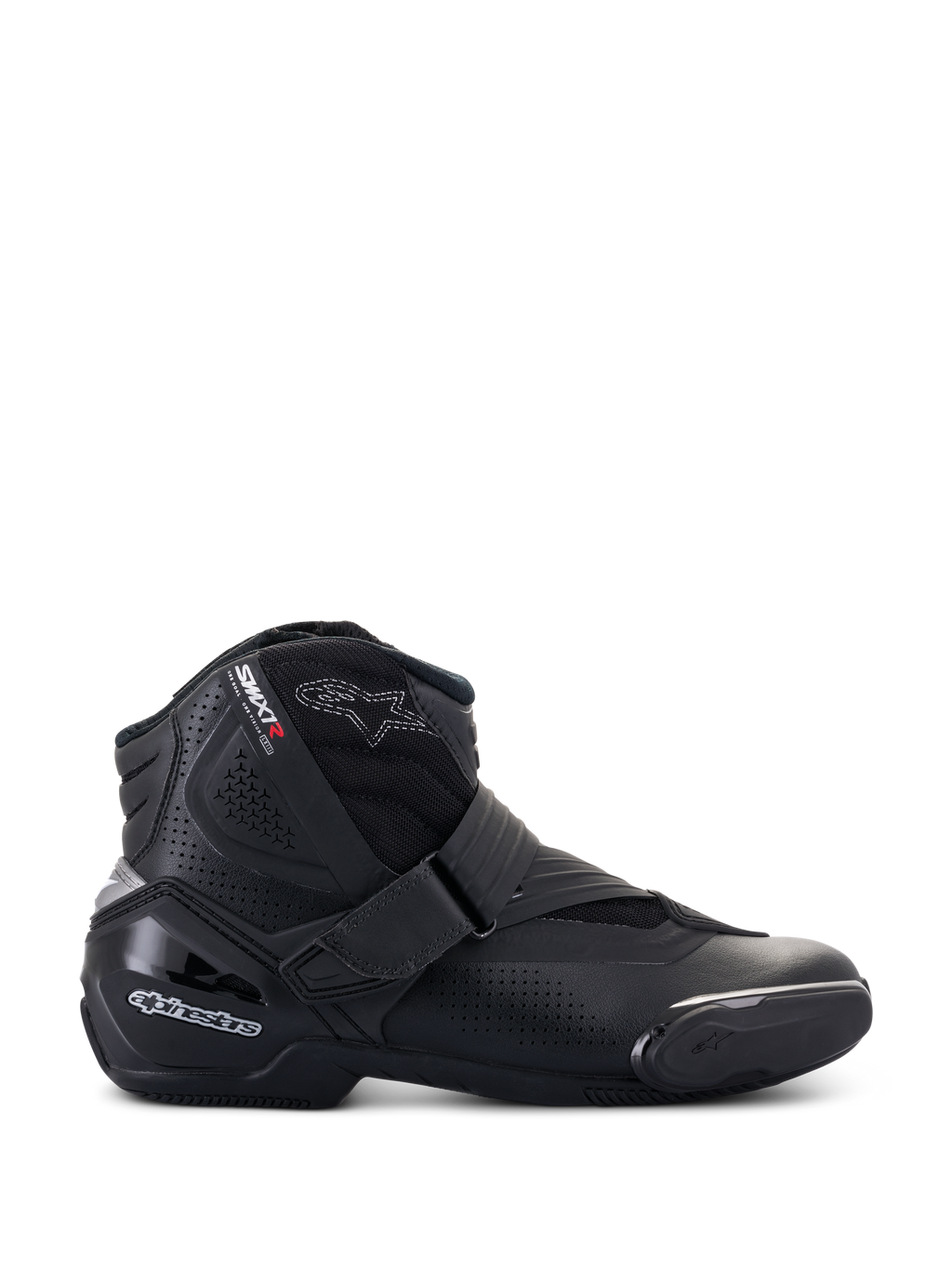 Bottes ventilées Alpinestars SMX-1 R V2, chaussures de moto basses noires, profil latéral avec panneaux en microfibre perforée, protection du talon en TPU et slider d'orteil, fermeture par sangle Velcro, chaussures de conduite sportive sur route
