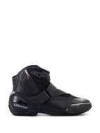 Bottes ventilées Alpinestars SMX-1 R V2, chaussures de moto basses noires, profil latéral avec panneaux en microfibre perforée, protection du talon en TPU et slider d'orteil, fermeture par sangle Velcro, chaussures de conduite sportive sur route