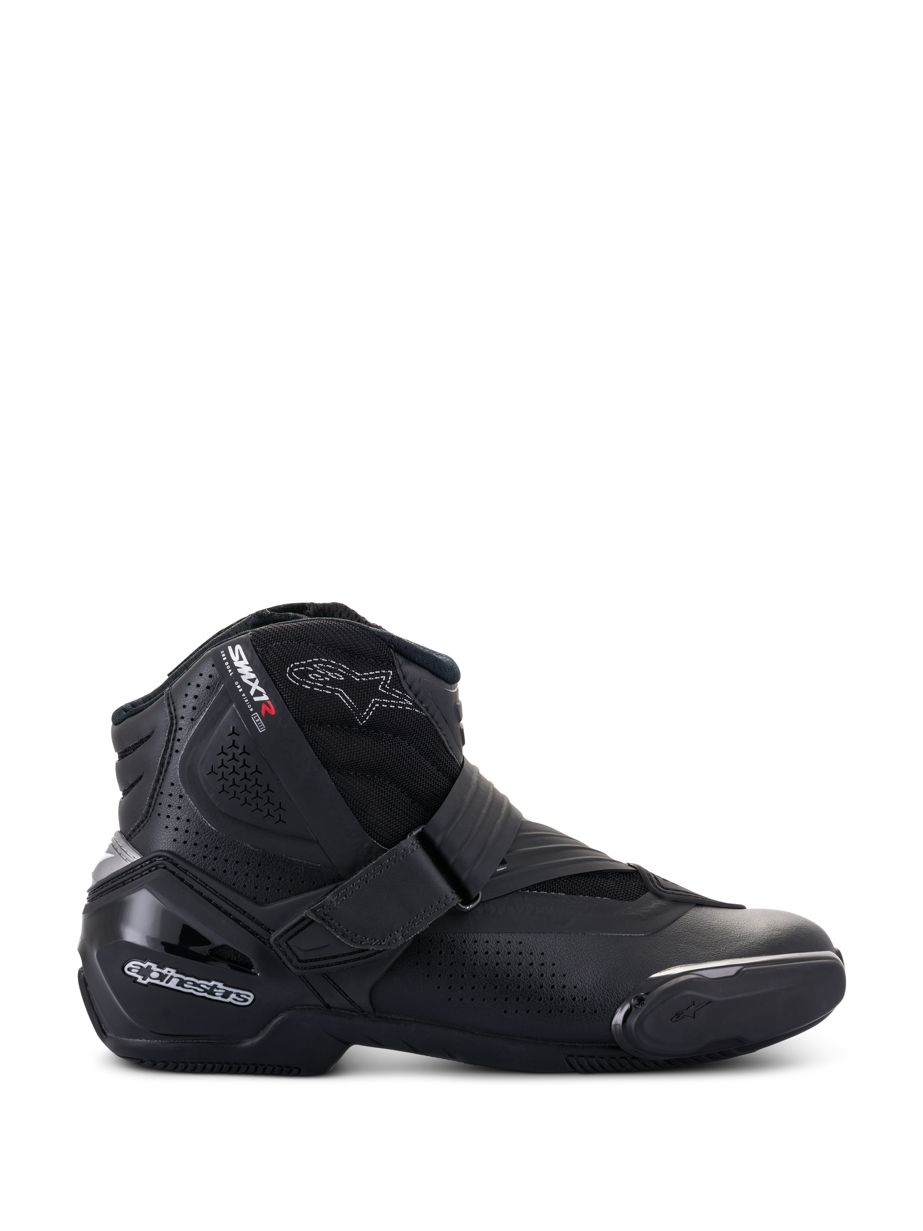 Bottes ventilées Alpinestars SMX-1 R V2, chaussures de moto basses noires, profil latéral avec panneaux en microfibre perforée, protection du talon en TPU et slider d'orteil, fermeture par sangle Velcro, chaussures de conduite sportive sur route