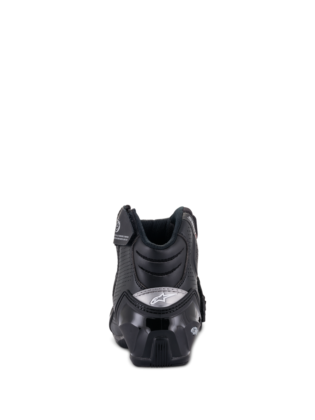 Bottes SMX-1 R V2 Ventilées Alpinestars, bottines de moto à coupe basse, noir, vue arrière présentant un renfort de talon en TPU brillant avec logo argenté, microfibre perforée pour la ventilation et design ergonomique pour la conduite sportive