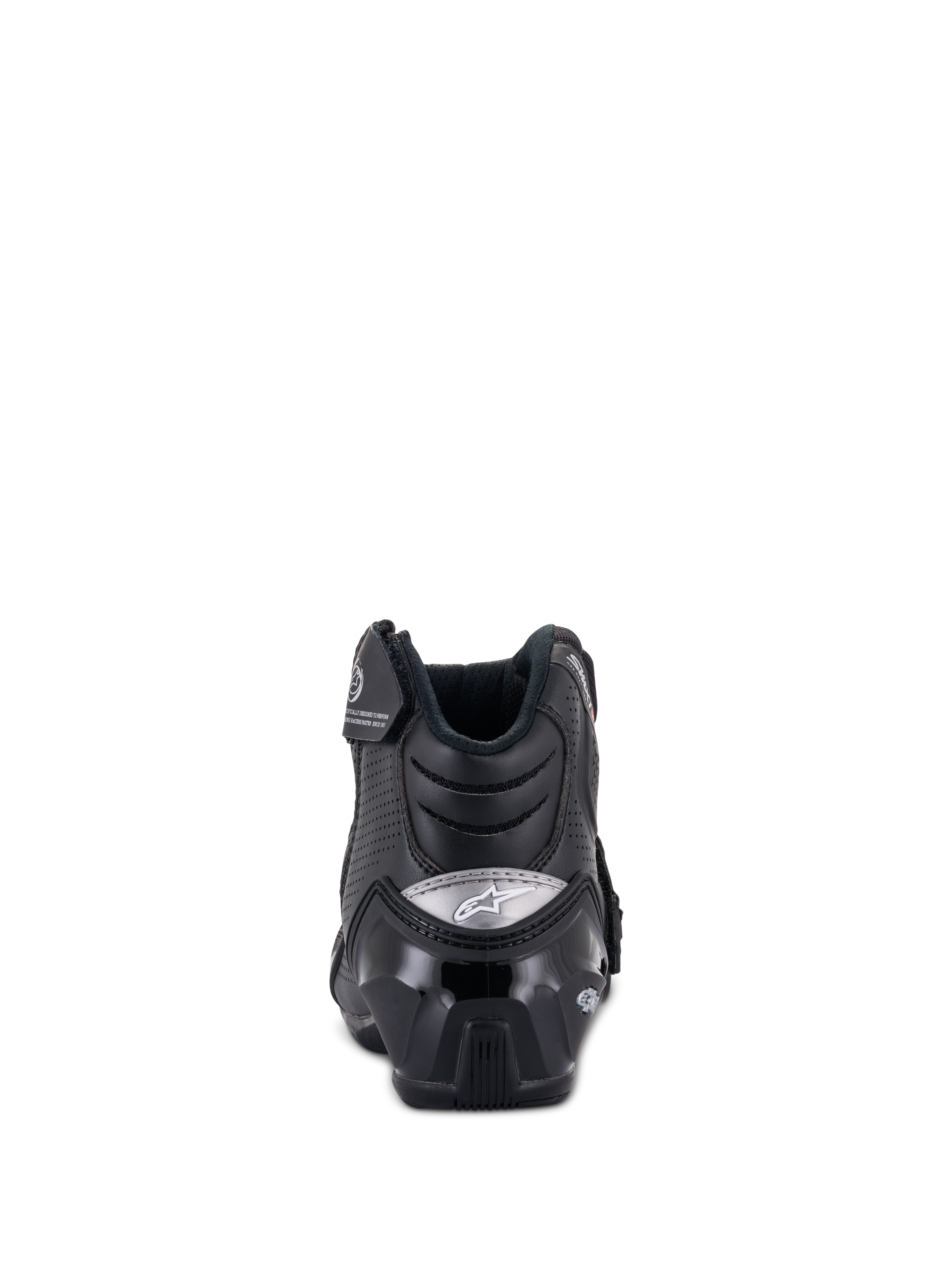 Bottes SMX-1 R V2 Ventilées Alpinestars, bottines de moto à coupe basse, noir, vue arrière présentant un renfort de talon en TPU brillant avec logo argenté, microfibre perforée pour la ventilation et design ergonomique pour la conduite sportive
