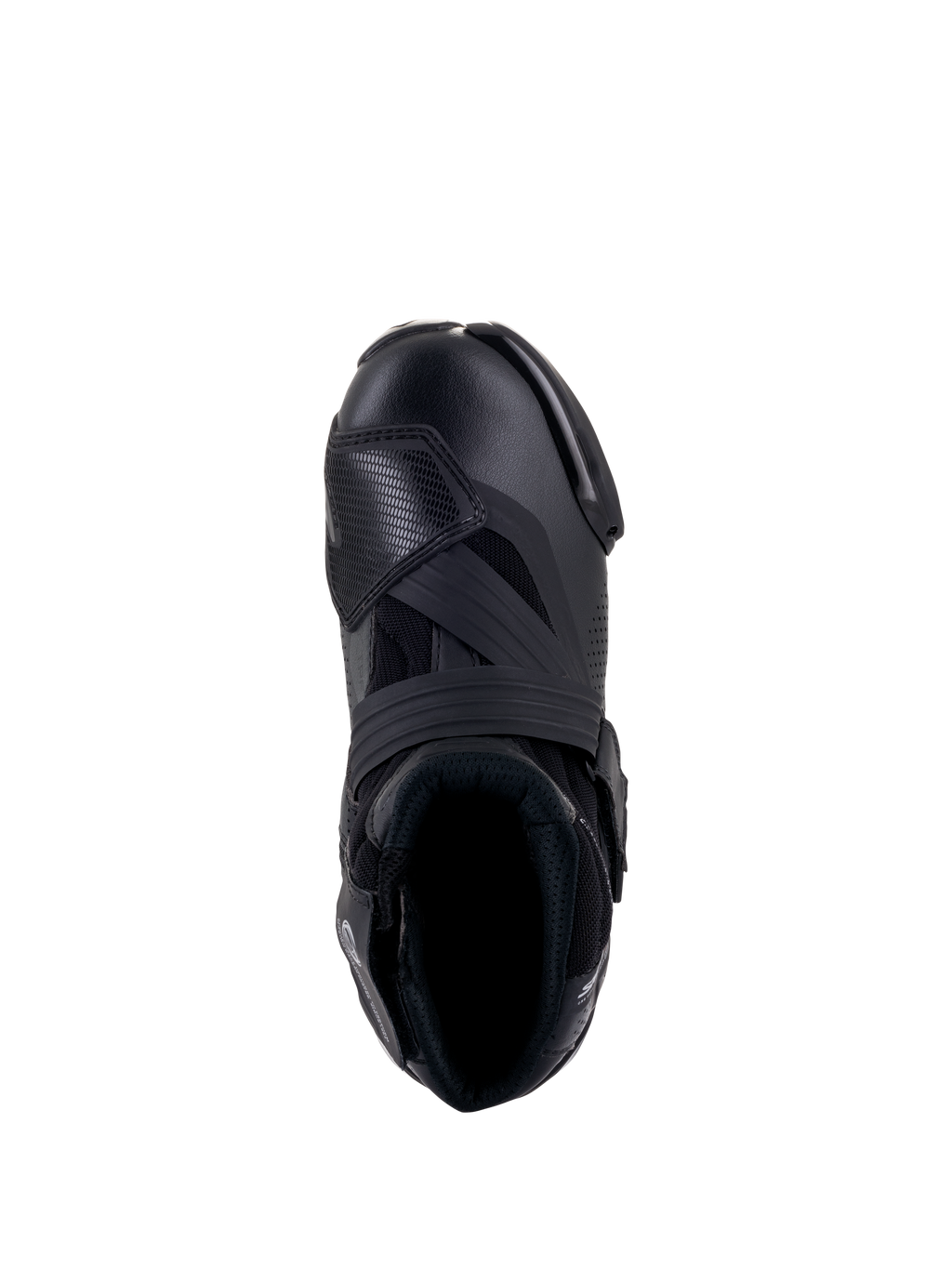 Bottes Alpinestars SMX-1 R V2 Ventilées, Noir, vue de dessus montrant la tige en microfibre ventilée, le protège-sélecteur en TPU et le col ergonomique pour une conduite de performance.