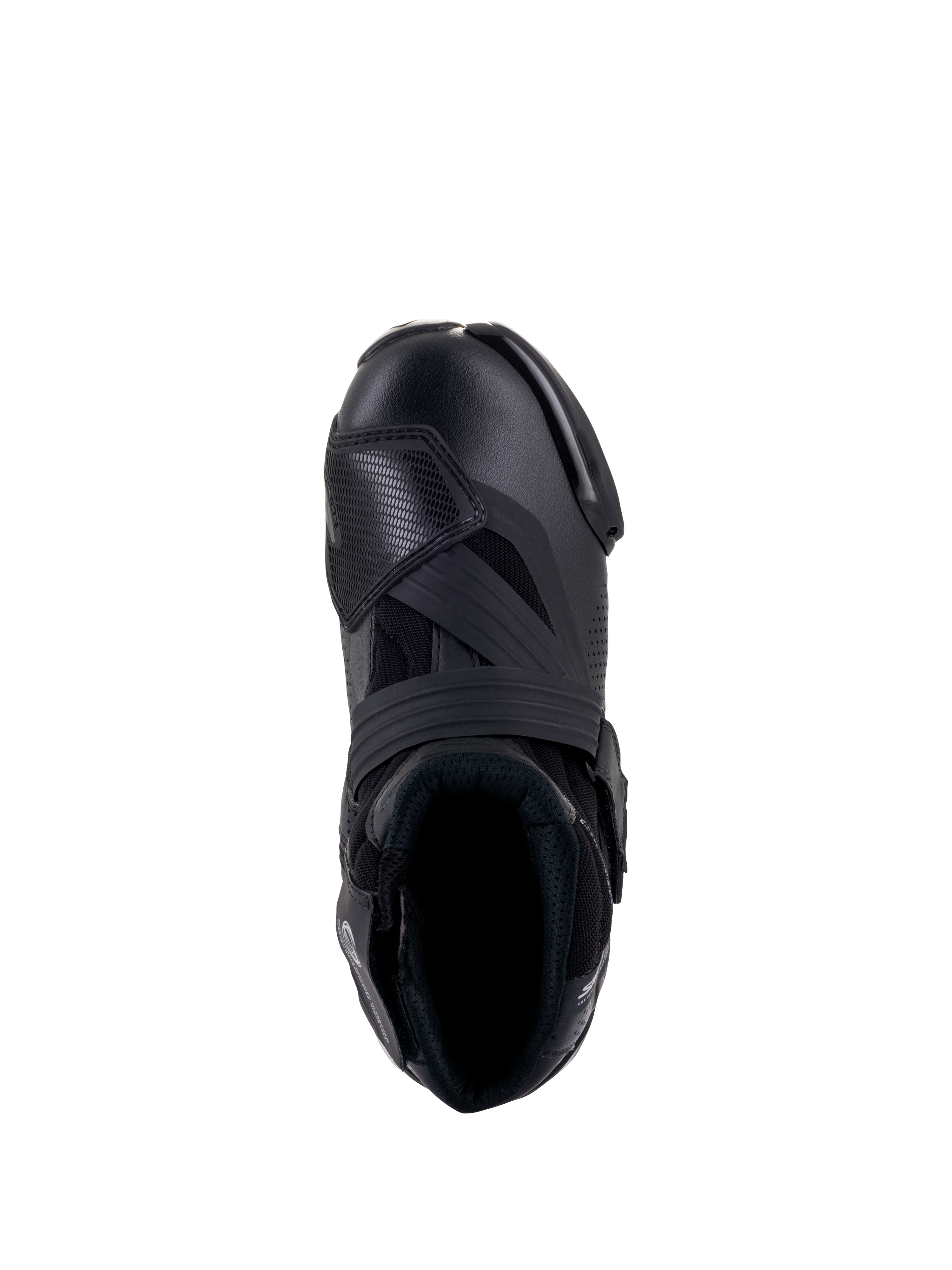 Bottes Alpinestars SMX-1 R V2 Ventilées, Noir, vue de dessus montrant la tige en microfibre ventilée, le protège-sélecteur en TPU et le col ergonomique pour une conduite de performance.