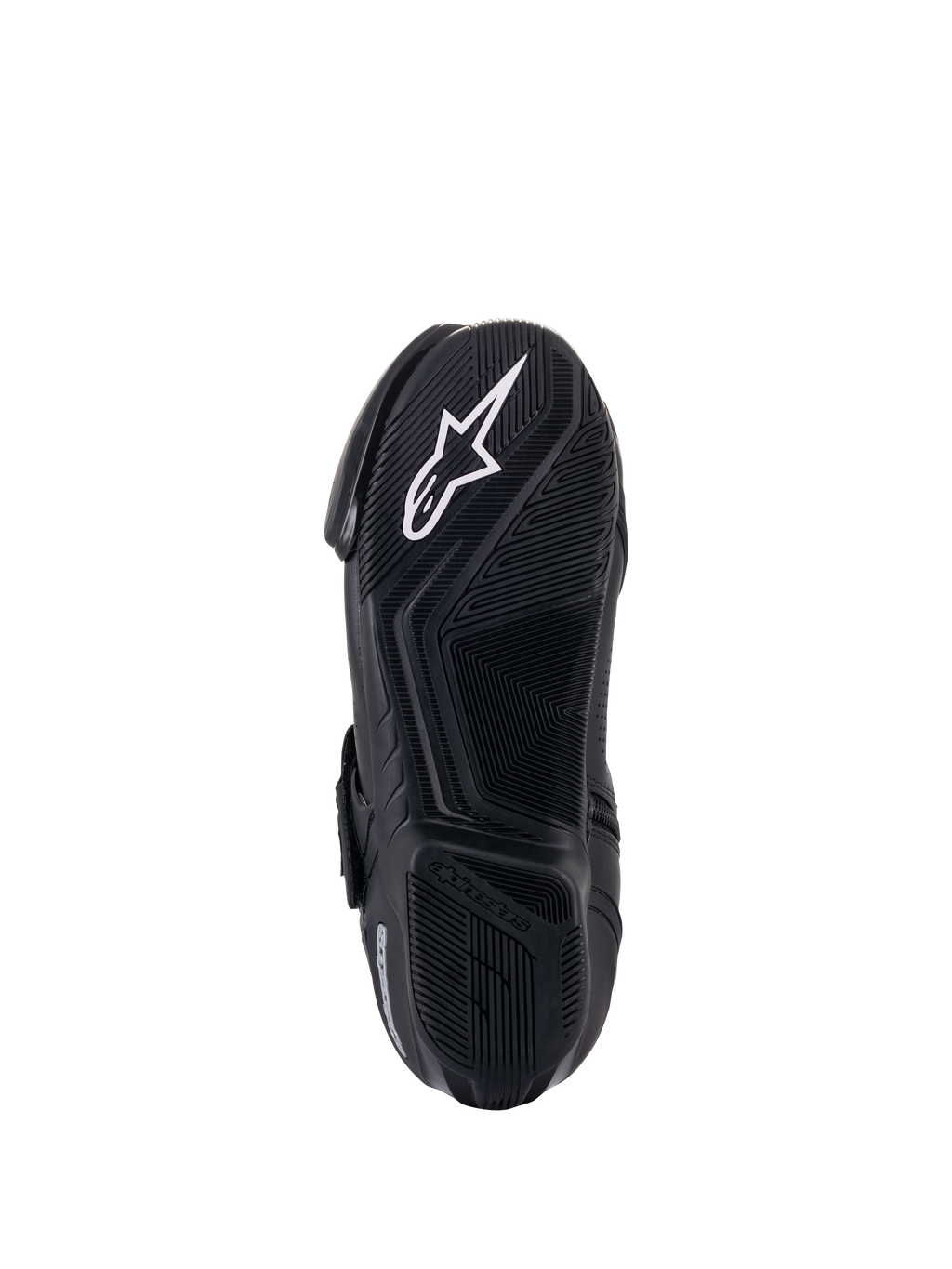 Bottines ventilées Alpinestars SMX-1 R V2, vue de dessous de la semelle, noires, logo étoile Alpinestars blanc sur semelle en composé de caoutchouc texturé avec motifs d'adhérence avancés